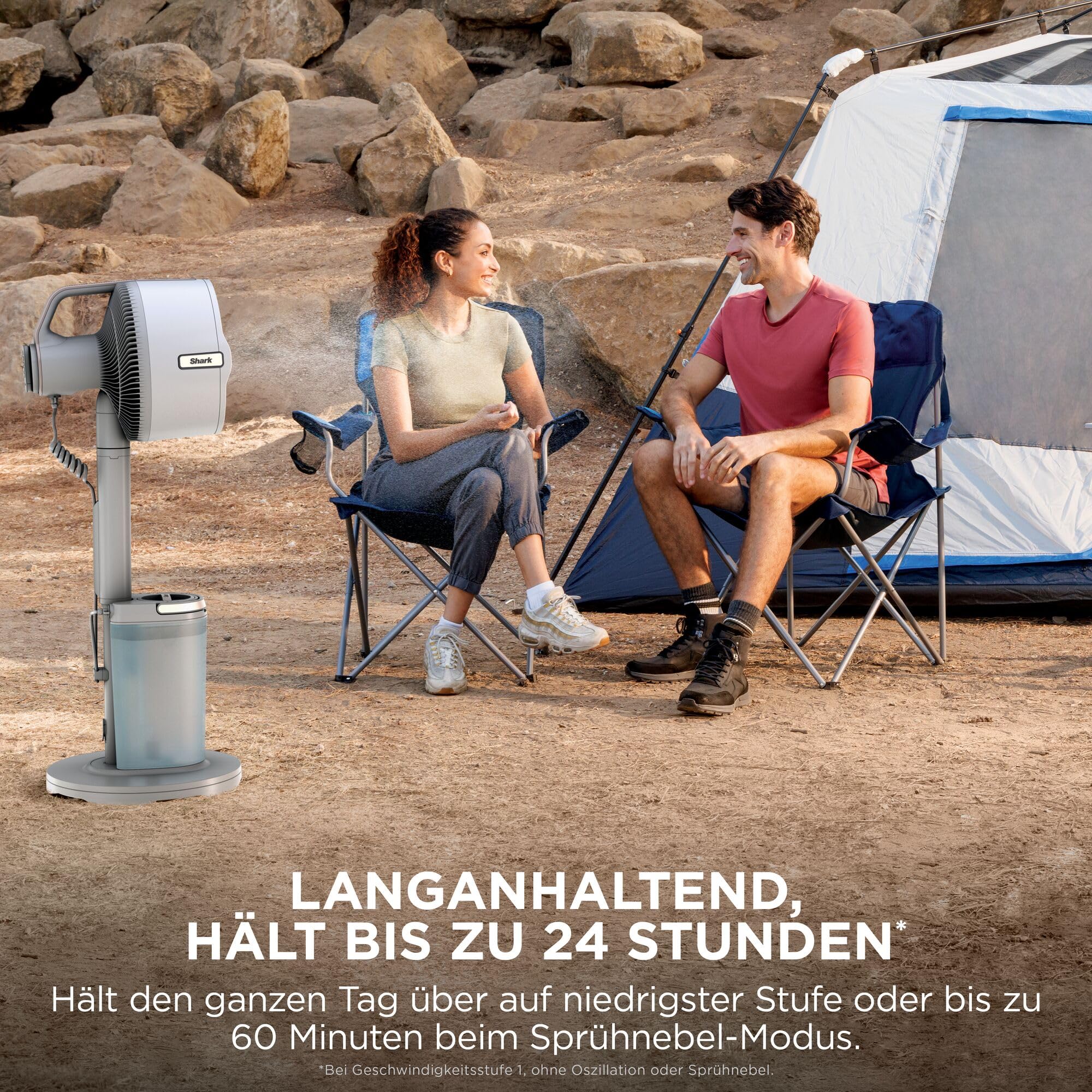 Shark FlexBreeze Pro Mist Akku-Ventilator für innen und außen mit Sprühsystem, tragbarer Sprühtank, 20 m, Stand- & Tischventilator, 5 Geschwindigkeitsstufen, leise, Fernbedienung, Dove FA300WHEU
