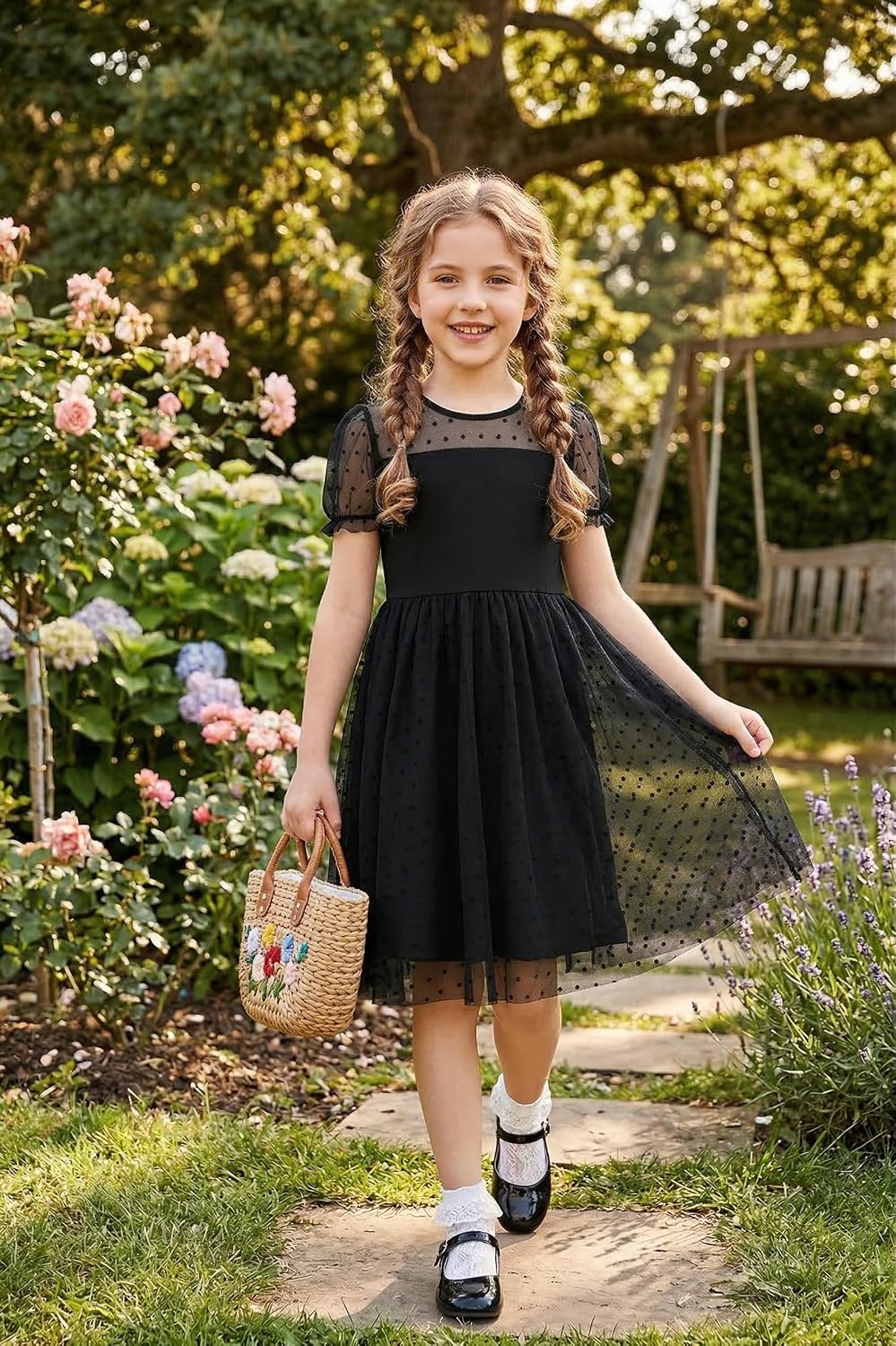 Arshiner Girls Dress Contrast Mesh Puffy Short Sleeve A Line Casual Party Dress 3-12 Years