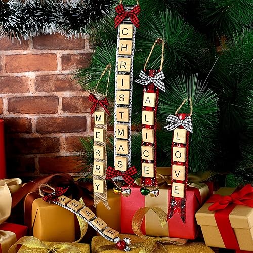 Miniatura 6 de DIY Letter Christmas Tree Decorations Letter Tiles Christmas Decor Wooden Words Christmas Ornament with Linen Bells Bow Hanging Capital Letter