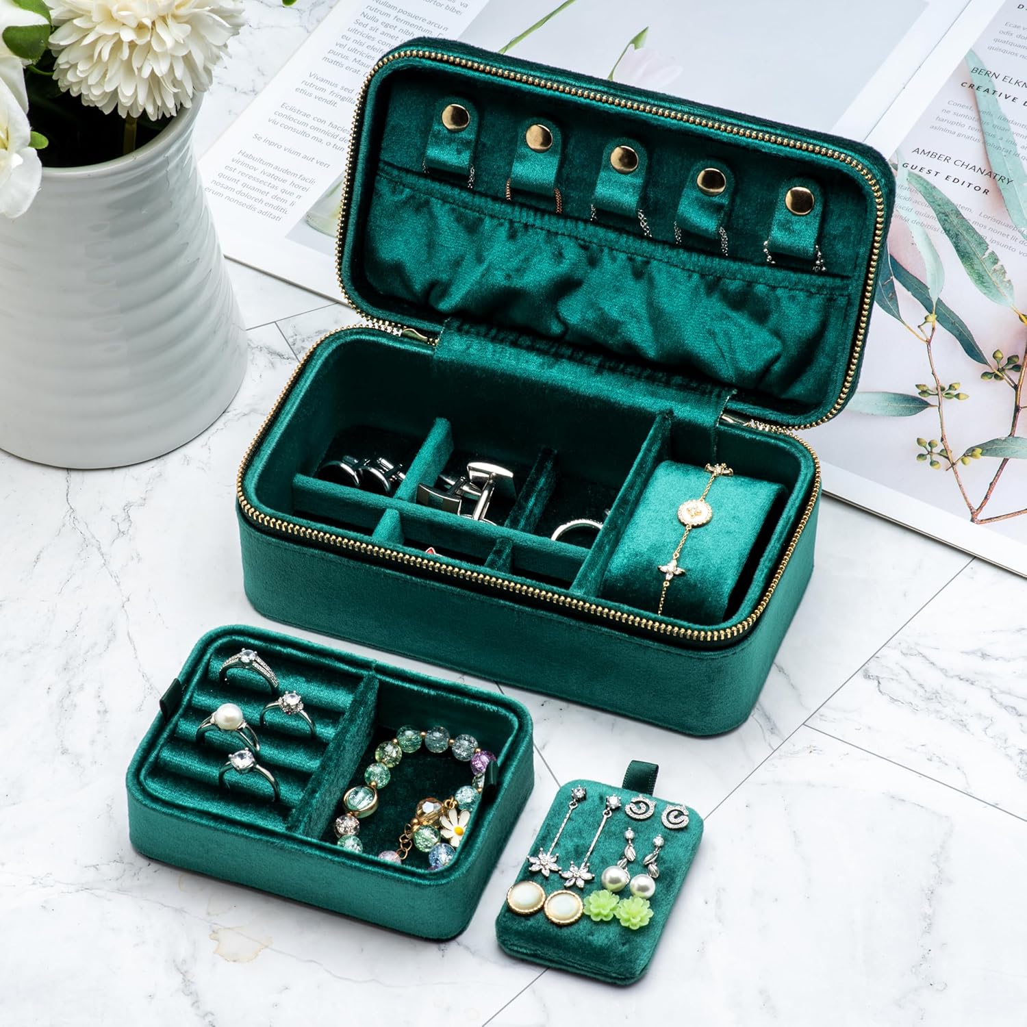 Velvet Multiple Ring Box Jewelry Organizer Display Tray with Zipper Around, Earring Watch Necklace Holder Case for Wedding Birthday Christmas Valentine Day (Green)
