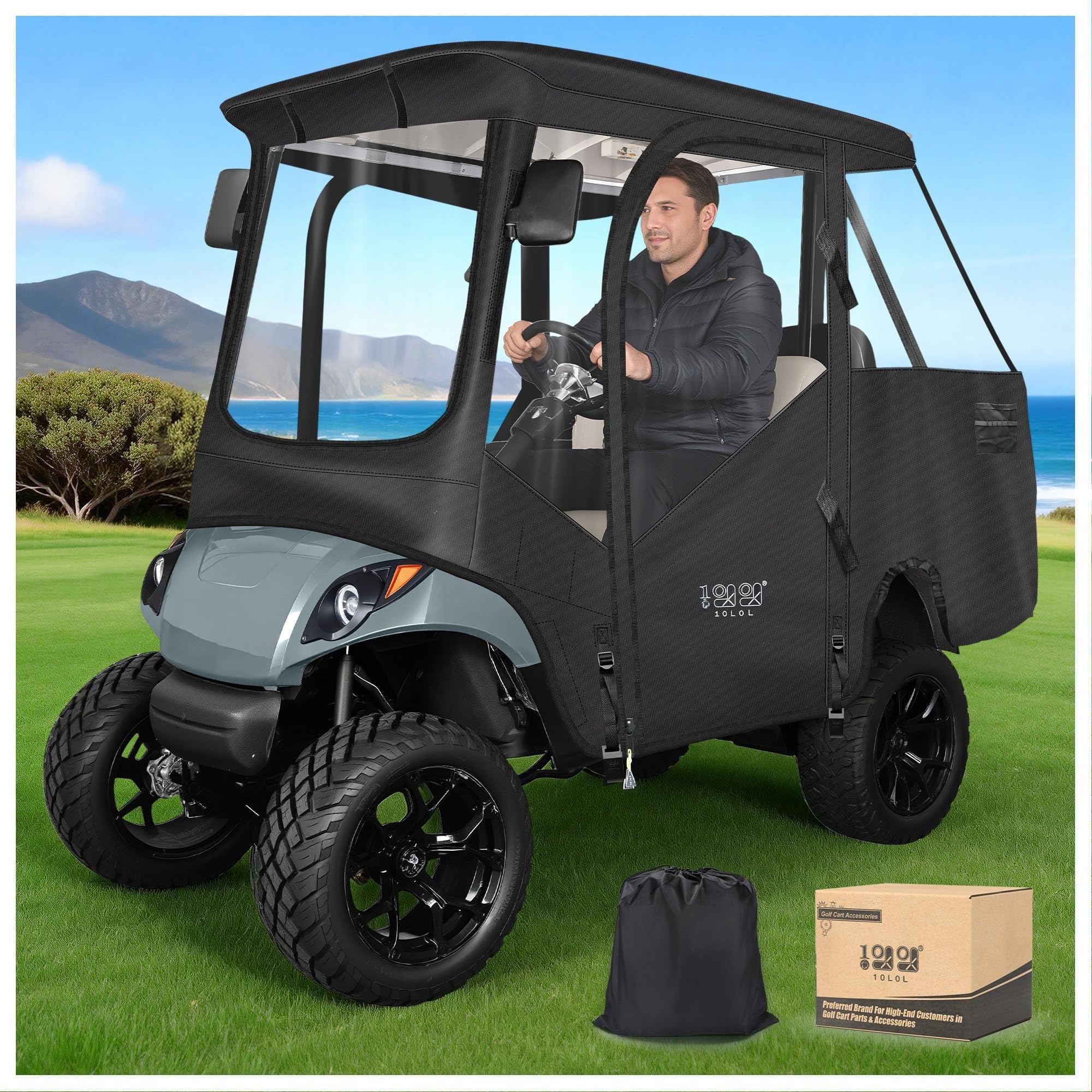 10L0L Obudowa wózka golfowego dla 4 pasażerów pasuje do Yamaha G29 Drive and Drive 2, 600D Heavy Duty 4-osobowa osłona przeciwdeszczowa Yamaha z przezroczystą przednią szybą PCV, wodoodporna tkanina