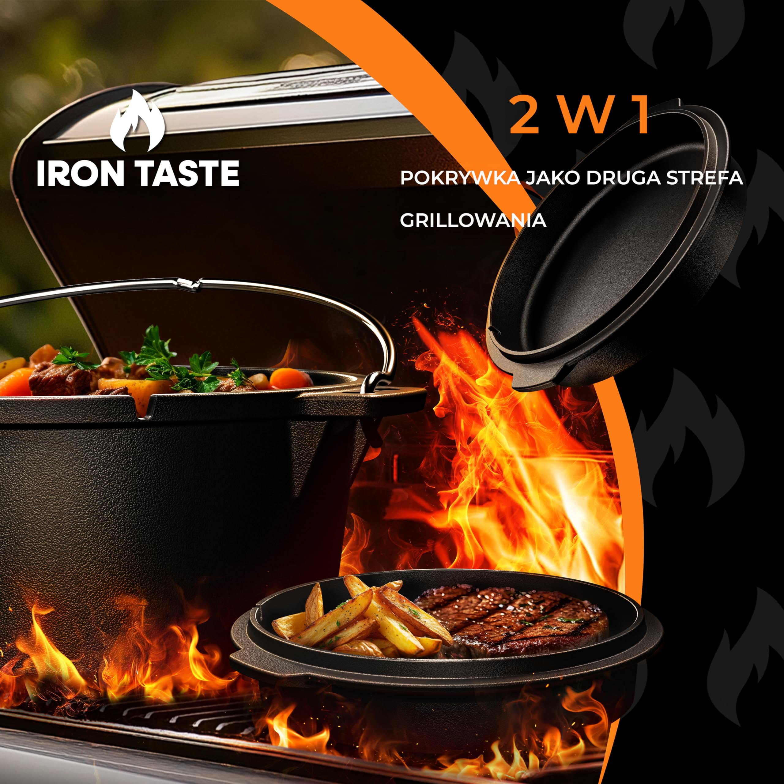 Set Pentola Olandese in Ghisa 4,5L – Pentola Pre‑Stagionata con Sollevacoperchio Pratico e Sottopentola in Acciaio Inox, Perfetta come Forno Olandese per Pane, Stufati, Arrosti e BBQ