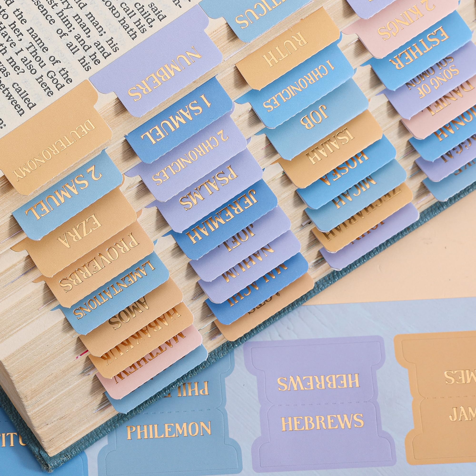 Bible Tabs, 66 Gold Foil Pre-Printed Labels + 39 Sunrise Theme Laminated Index Tabs with Alignment Ruler, Bible Journal Study Supplies for