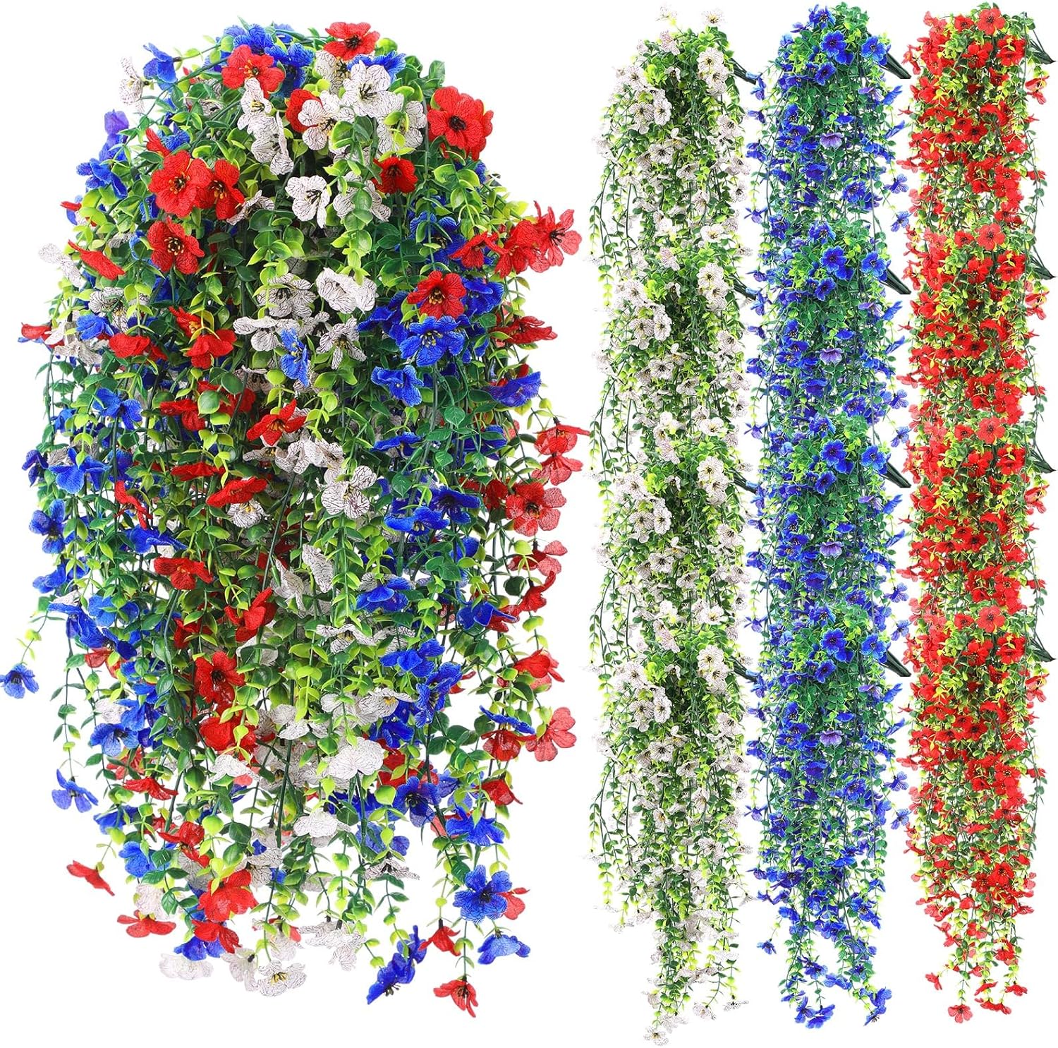 12 Pcs Artificial Hanging Flowers for Outdoor Spring Decoration Fake Hanging Plants Outside Fake Silk Flower Violets with Eucalyptus Realistic UV Resistant Trailing Vines Porch Yard Classic