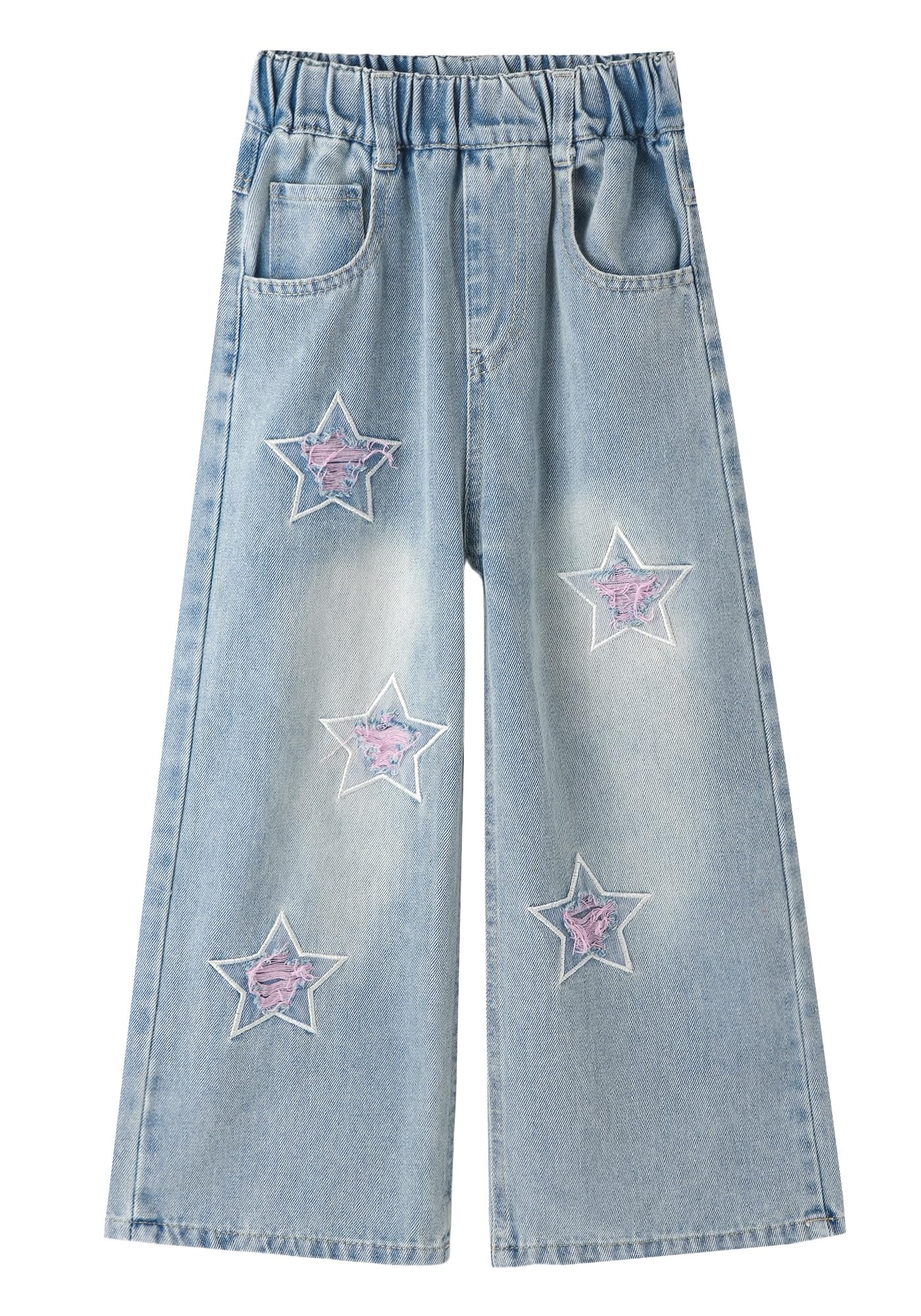 Jeans rasgados para niñas, cintura alta elástica, pierna ancha, pantalones de mezclilla desgastados con bolsillos, holgados, casuales, ropa de calle 5-14 años, star, 5-6 años
