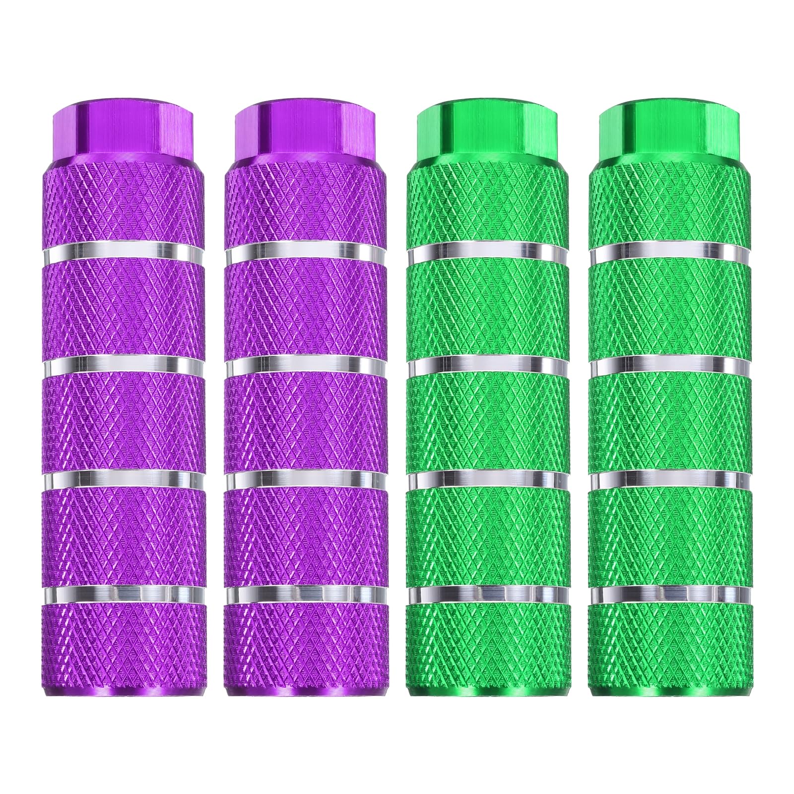 sourcing map 2 Pairs Bike Pegs Aluminum Alloy Rear Stunt Pegs Anti-Skid Stripe Back Seat Stands Fit 3/8" Axles for Mountain Bike, Purple & Green