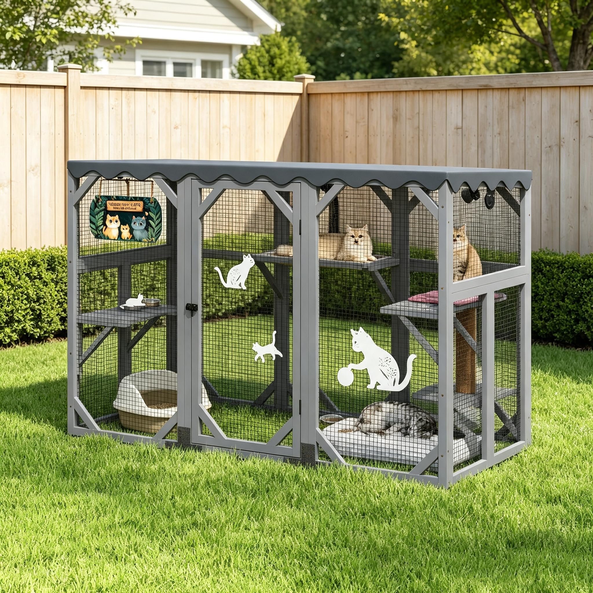 Catio Outdoor Cat Enclosure, Large Catio Window, Heavy Duty Steel Mesh Cat Patio with Lockable Door, Large Catios for Balcony, Grey