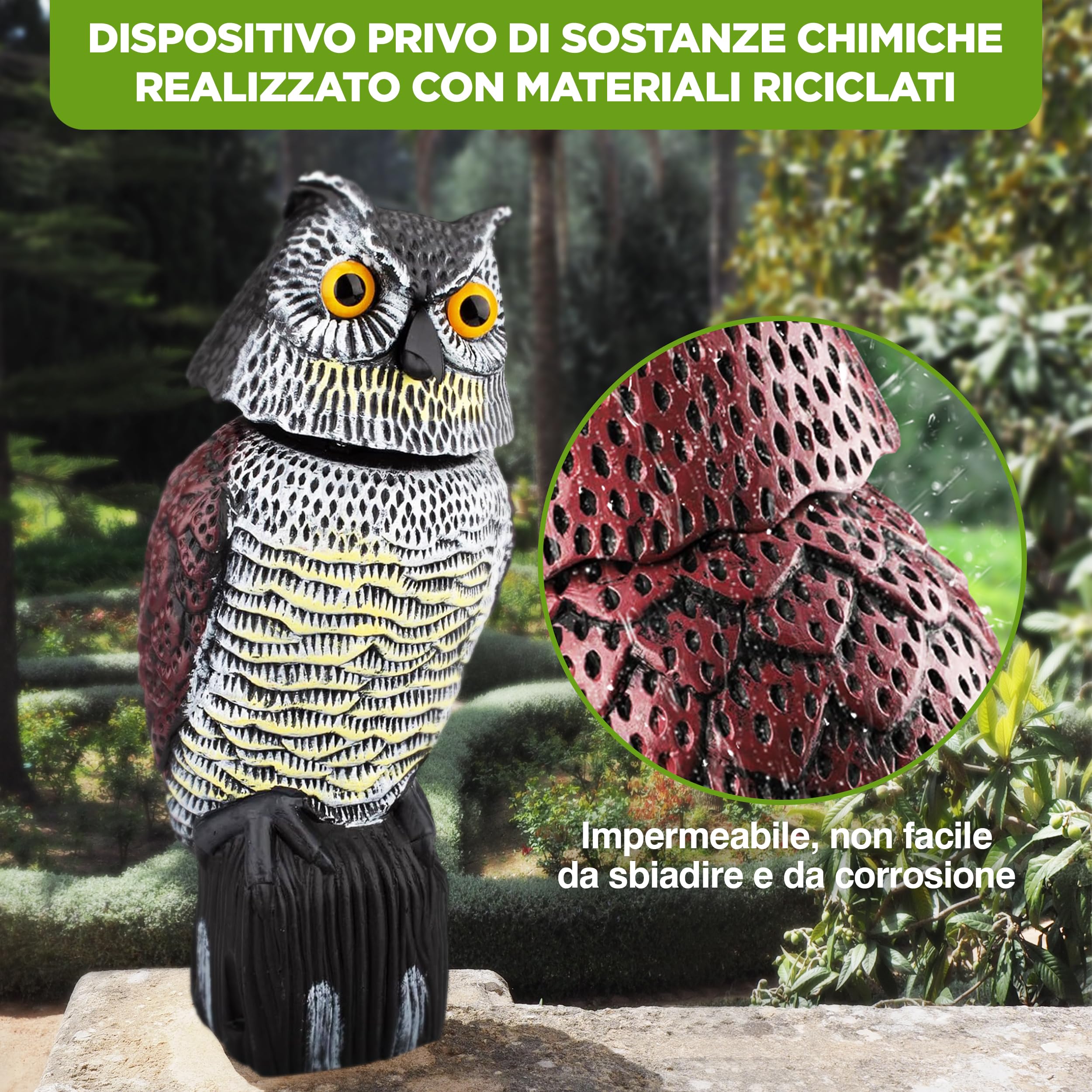 ISOTRONIC richiamo Gufo Controllo Uccelli spaventapasseri Realistico Testa oscillante Repellente piccioni Giardino Balcone frutteto 1 Pezzi Efficace Esterno Protezione Difesa Stop volatili visivo