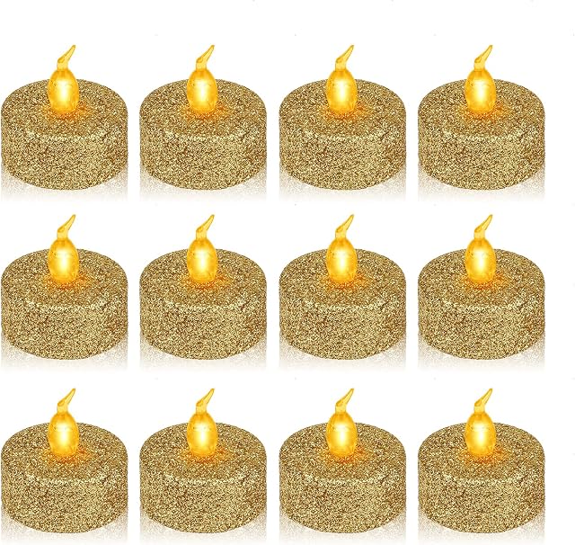 Flickering Flameless Candles Tealight Battery Operated 12 pcs Realistic Bright LED Tea Lights Glitter Electric Fake Candle with Warm White Bulb for Halloween Christmas Party Wedding Decoration (Gold)