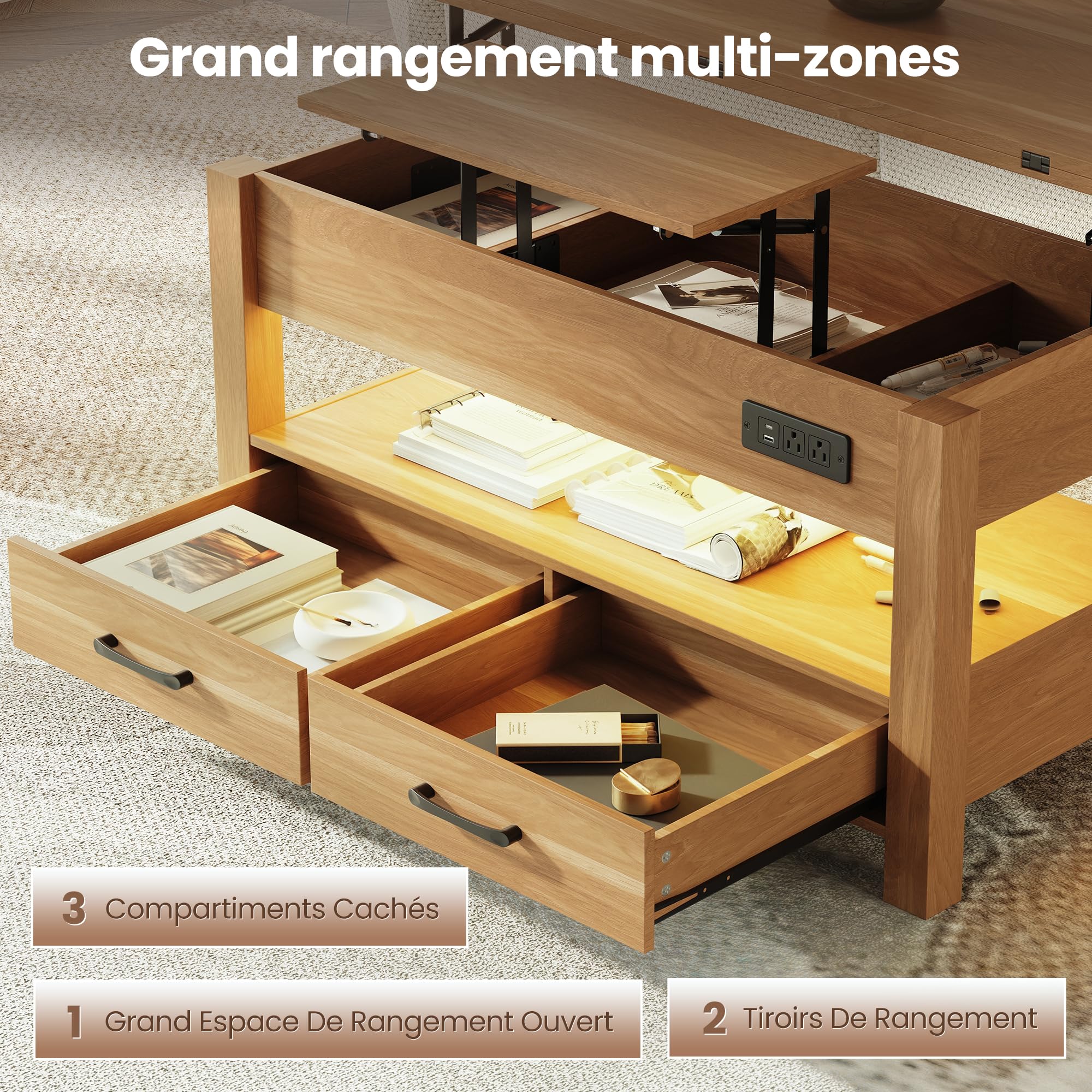 MALOL Table Basse Relevable Intelligente pour Salon, 4 en 1 Multifonction Moderne avec Tiroirs De Rangement, Table Basse en Bois Style Ferme, Naturel