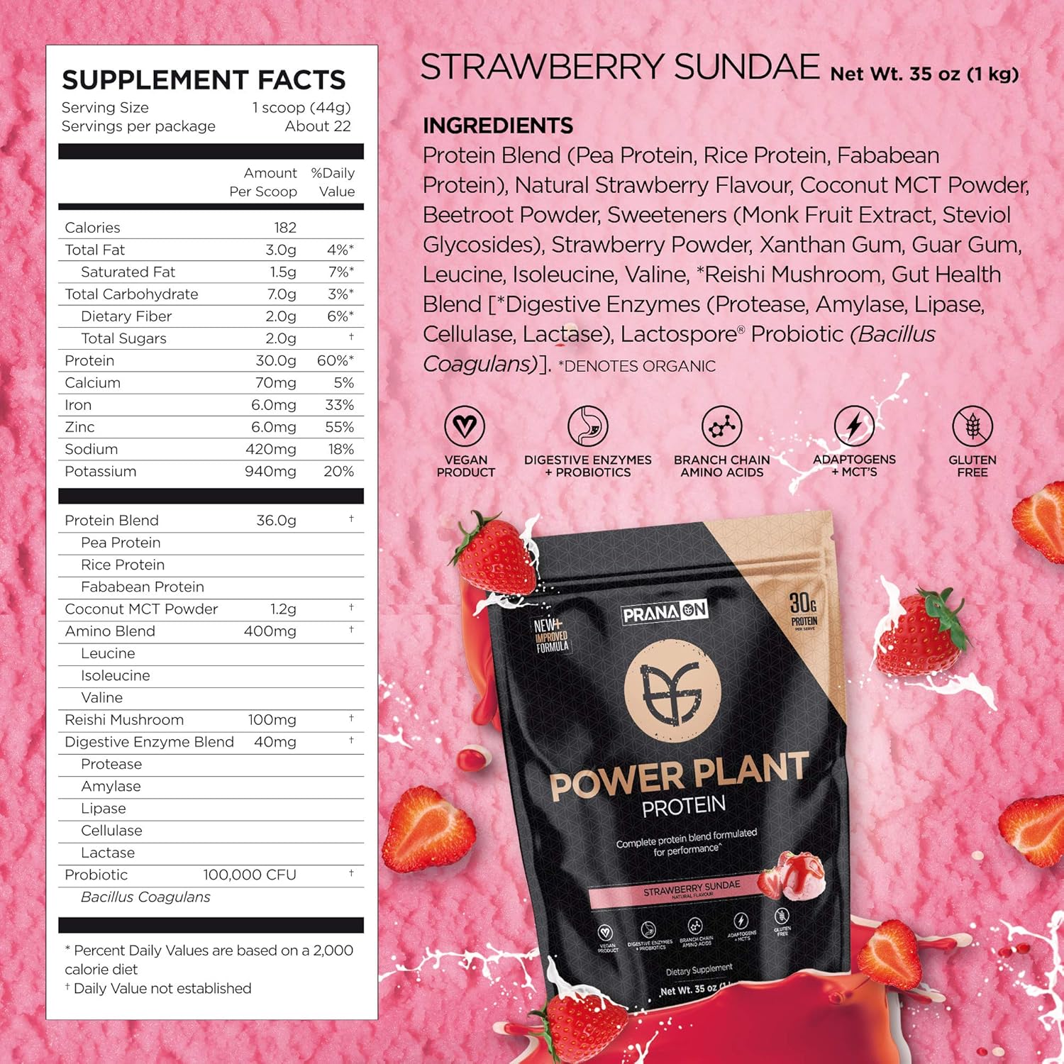 Prana ON Plant Based Protein Powder - for Men & Women - Great Tasting, Vegan Protein Supplement with BCAA & Probiotics - Dairy Free, Gluten Free, Keto Non GMO Protein Powder (Strawberry Sundae 35 Oz) : Health & Household