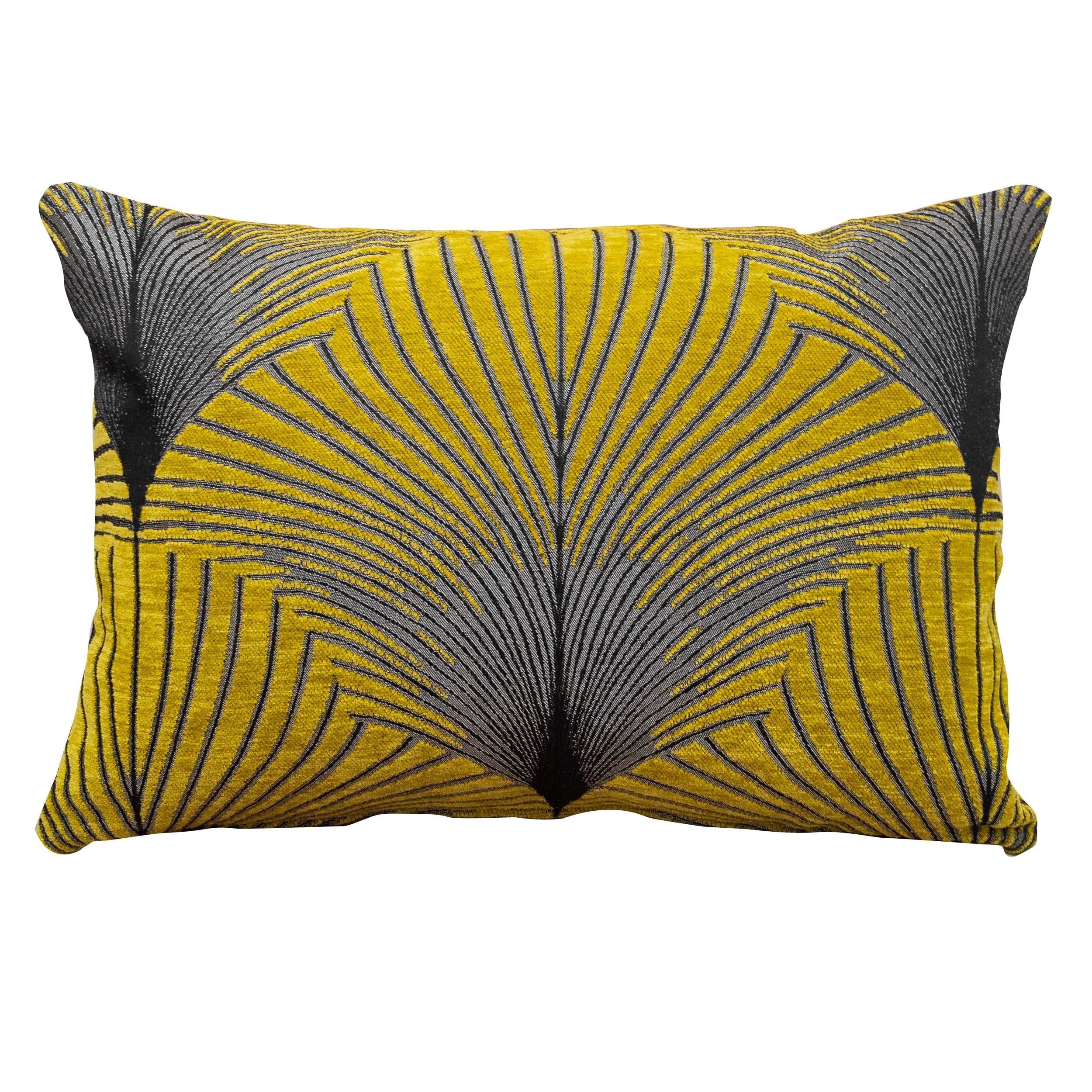 Linen Loft Art Deco Fan Boudoir Cushion Cover. 17x12 Rectangle. Ochre Yellow & Silver. Luxury Velvet Chenille. Double Sided Feather Style. 20s and 30s style