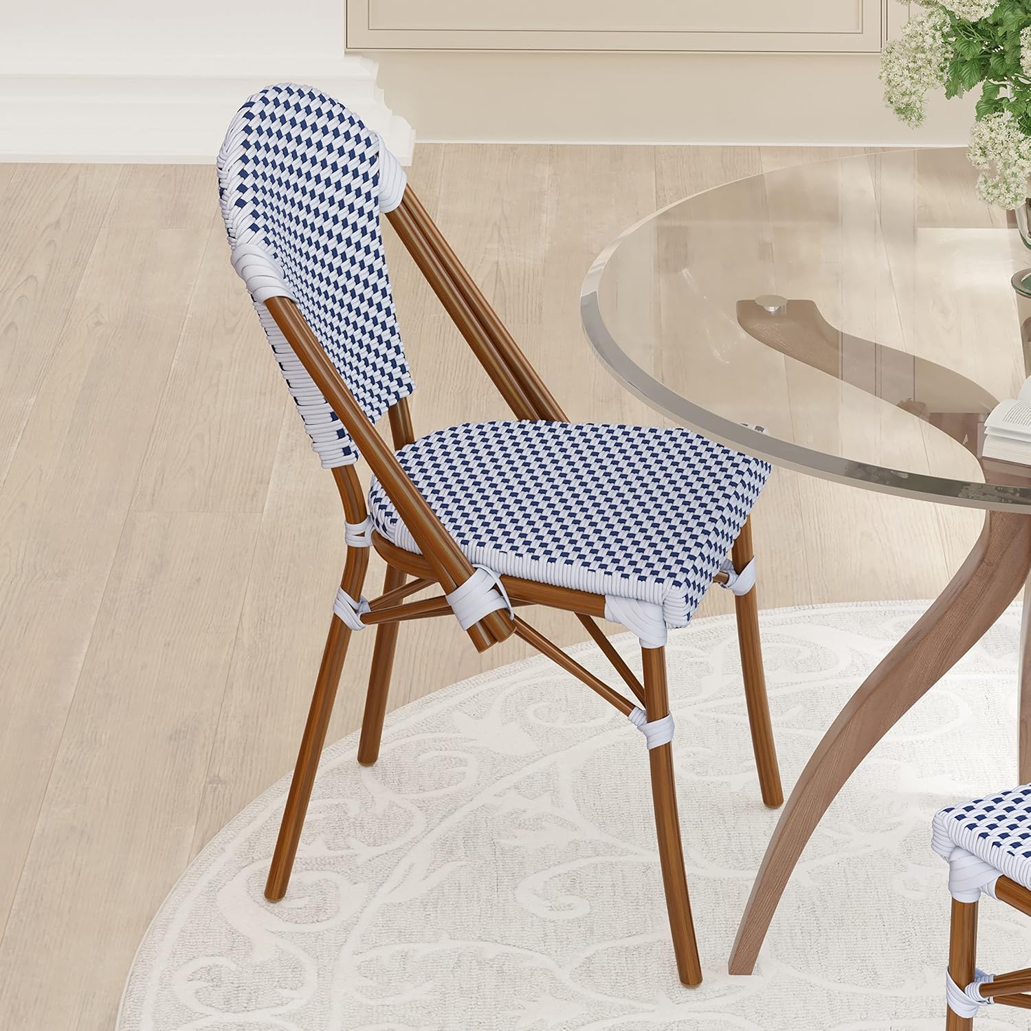 EMMA + OLIVER Colmar Bistro Chair - White & Navy Woven PE Seat and Back - Bamboo Finish Aluminum Frame - Set of Two
