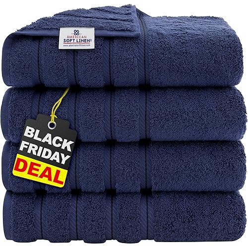 American Soft Linen Luxury 4 Piece Bath Towel Set, 600 GSM 100% Cotton Turkish Bath Towels for Bathroom, 27x54 in Extra Large Bathroom Shower Towels, Navy Blue