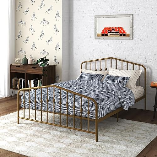 Miniatura 13 de Novogratz Bushwick - Cama de metal moderna, cabecero y pie de cama ligeramente triangulares con husillos insertados, altura de base ajustable para