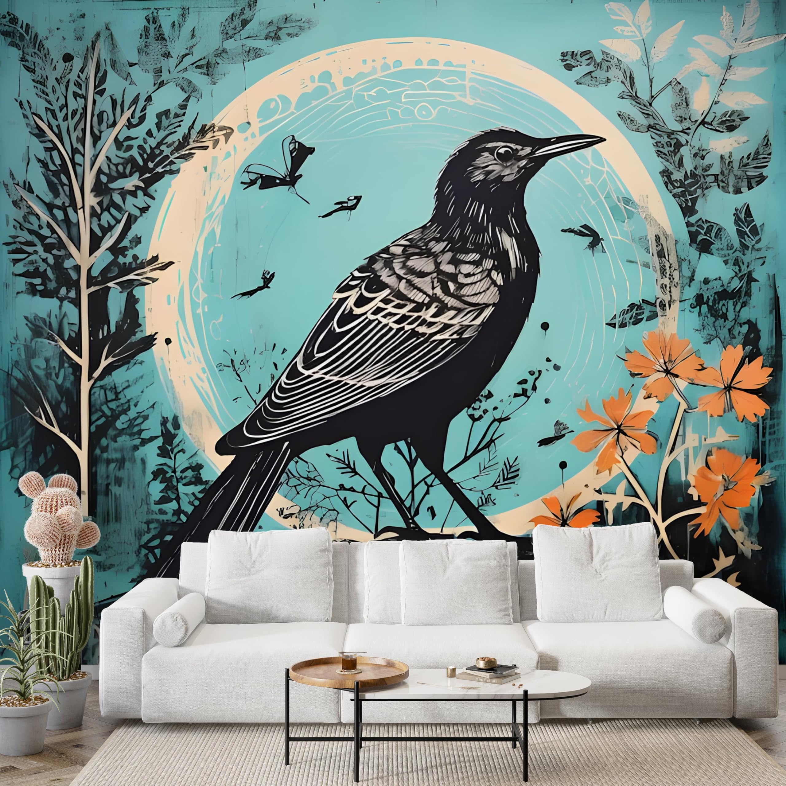 Papier peint panoramique corbeau fleurs 3D pour habiller un mur vide