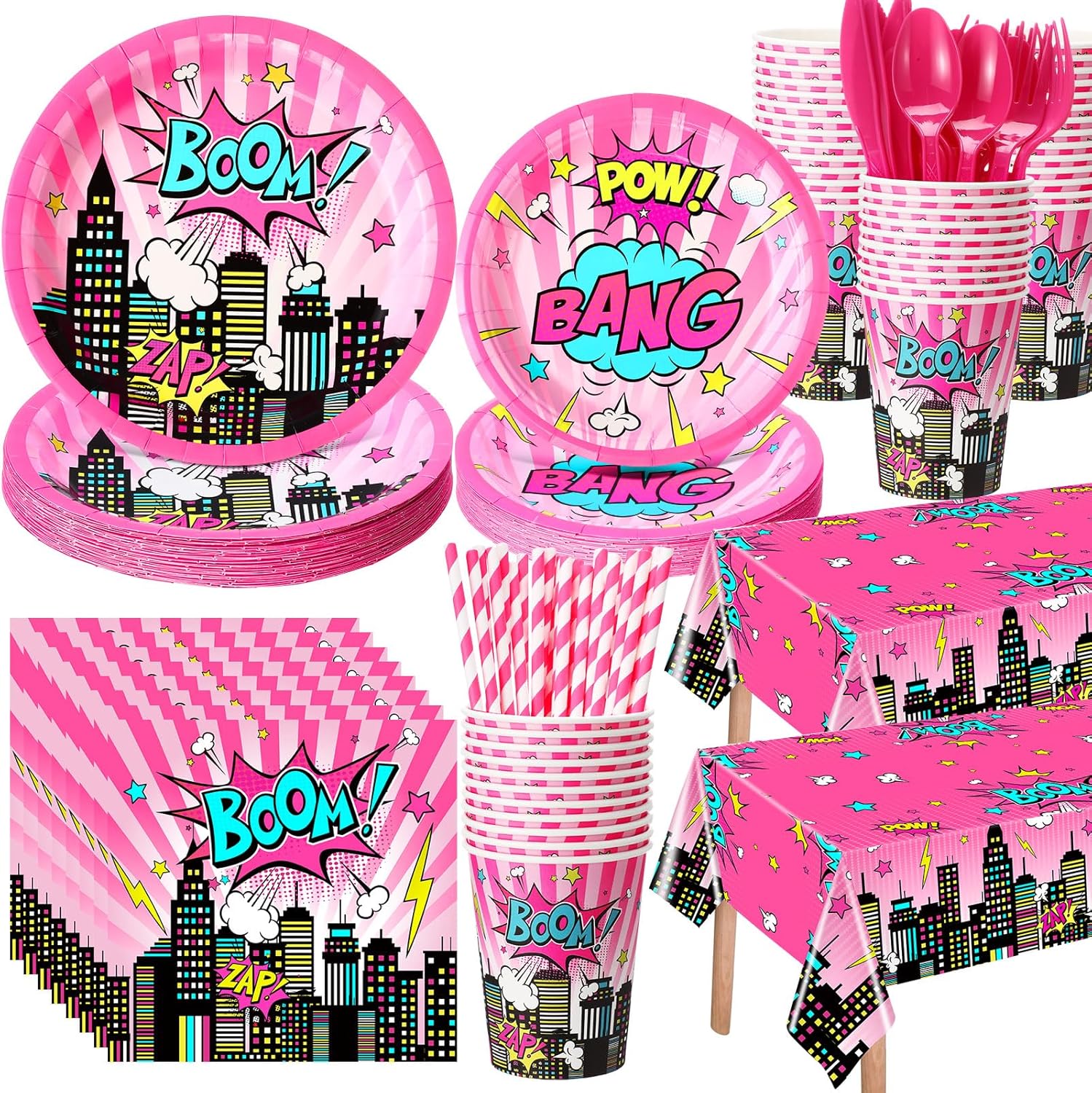 Funnymoom 219 Pcs Pink Hero Birthday Party Decorations Girl Pink Comic Hero Plates Napkins Cups Tablecloth Cutlery Straw Disposable Tableware Set for Birthday Baby Shower Party Supplies, Serves 24