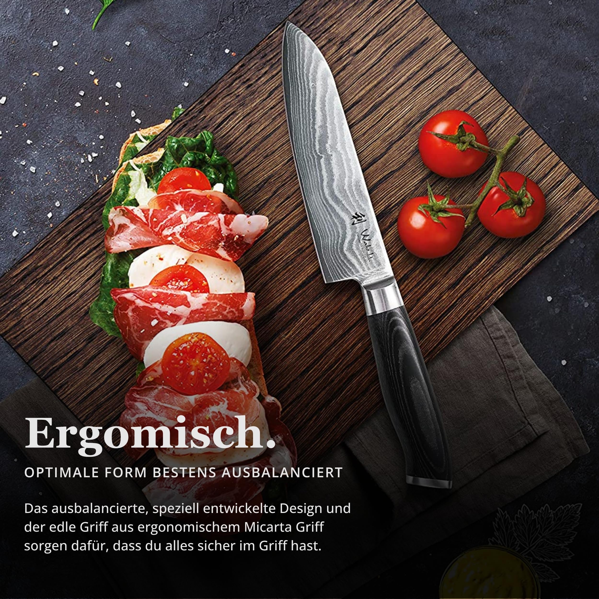 Wakoli Mikata Damastmesser Santoku 17 cm Klinge I aus 67 Lagen I Damast Küchenmesser und Profi Kochmesser aus echtem Damaststahl mit Micarta Griff