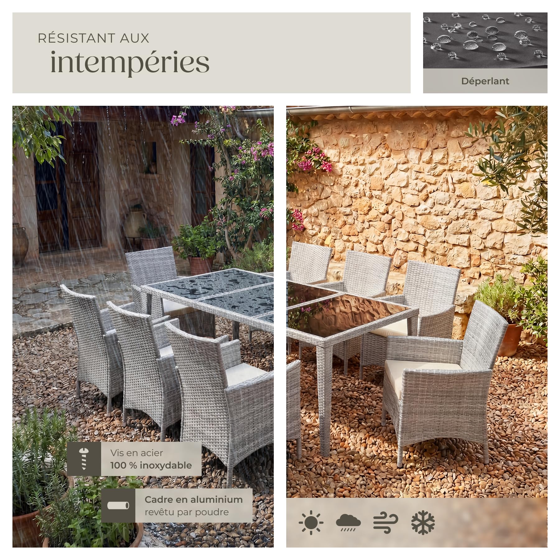 tectake® Salon de Jardin extérieur en Aluminium avec 8 fauteuils en rotin, Table, Housse Lavable et Protection - mobilier Facile d'entretien