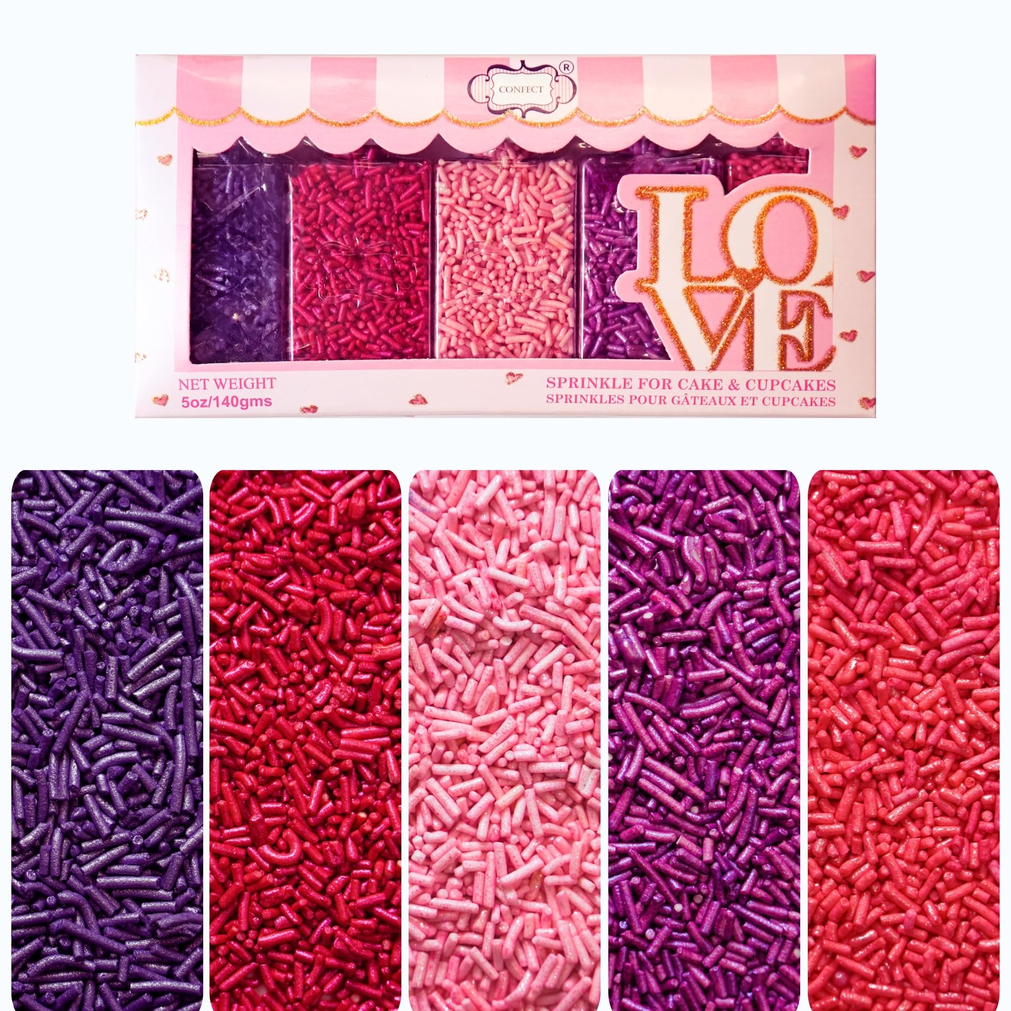 Confect Princess Party Sprinkles – 5-Pack Edible Jimmies in Pink & Purple Shades – (Fuchsia, Baby Pink, Neon, Bright & Purple) - Fun Vegan Sprinkles for Cakes, Cupcakes, Cookies & Desserts – Gluten-Free, Nut-Free – 140 Gms