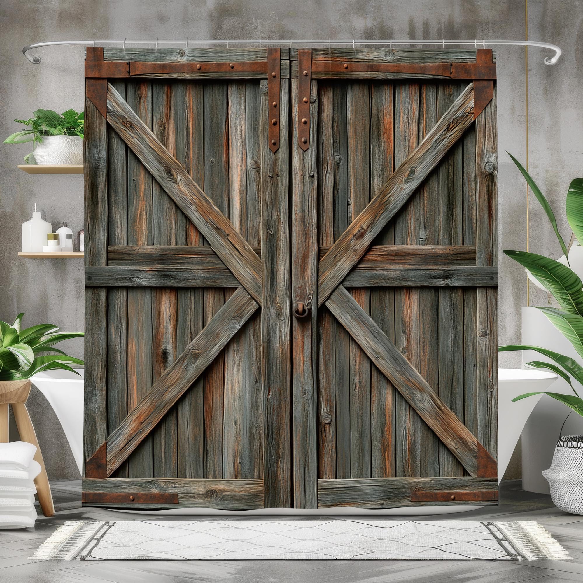 Rideau de douche anti-éclaboussures 160x160 en tissu lavable motif bois rustique avec 12 crochets