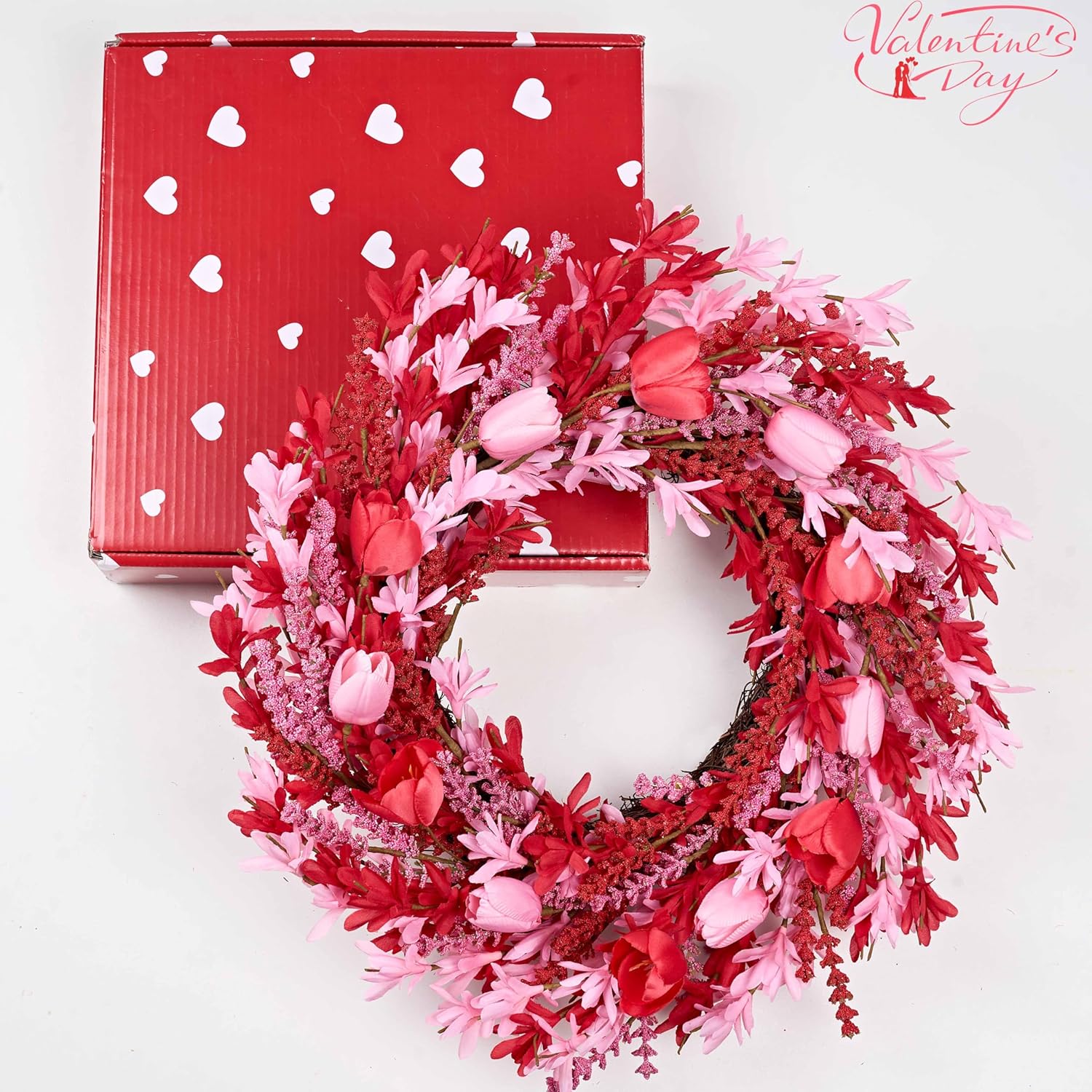 Valentines Day Decorations 22 Inch Valentine's Day Wreath Pink Flower Wreaths for Front Door with Red Tulip Pink Forsythia Flowers for Valentine Wedding Anniversary and Holiday Decorations - Image 8