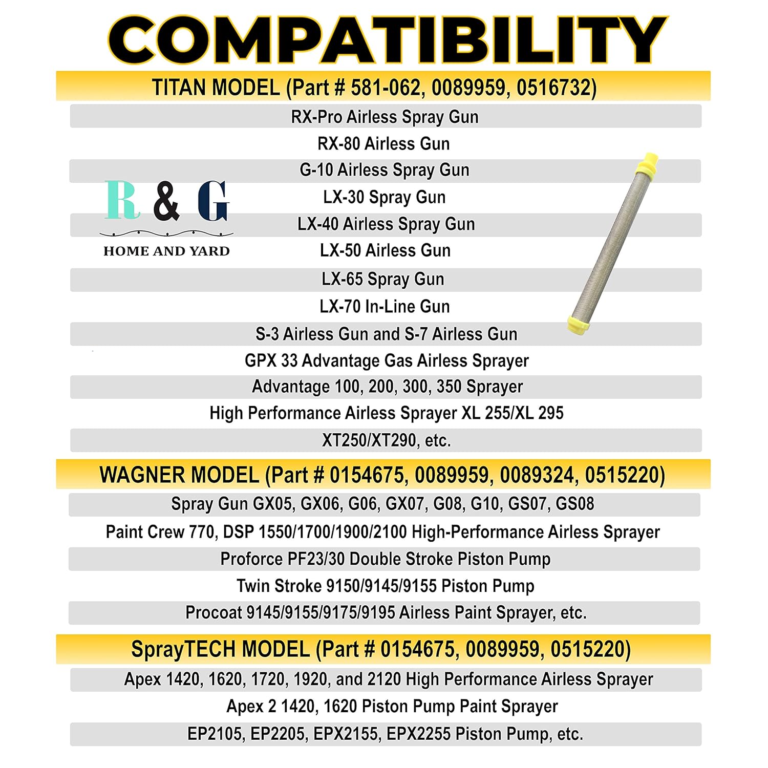 25 PCS-Titan/Wagner/Spraytech Airless Spray Gun Filter Replacement - Push On (Yellow, 100 Mesh) 581-062 581062 0089959 0089324 0154675