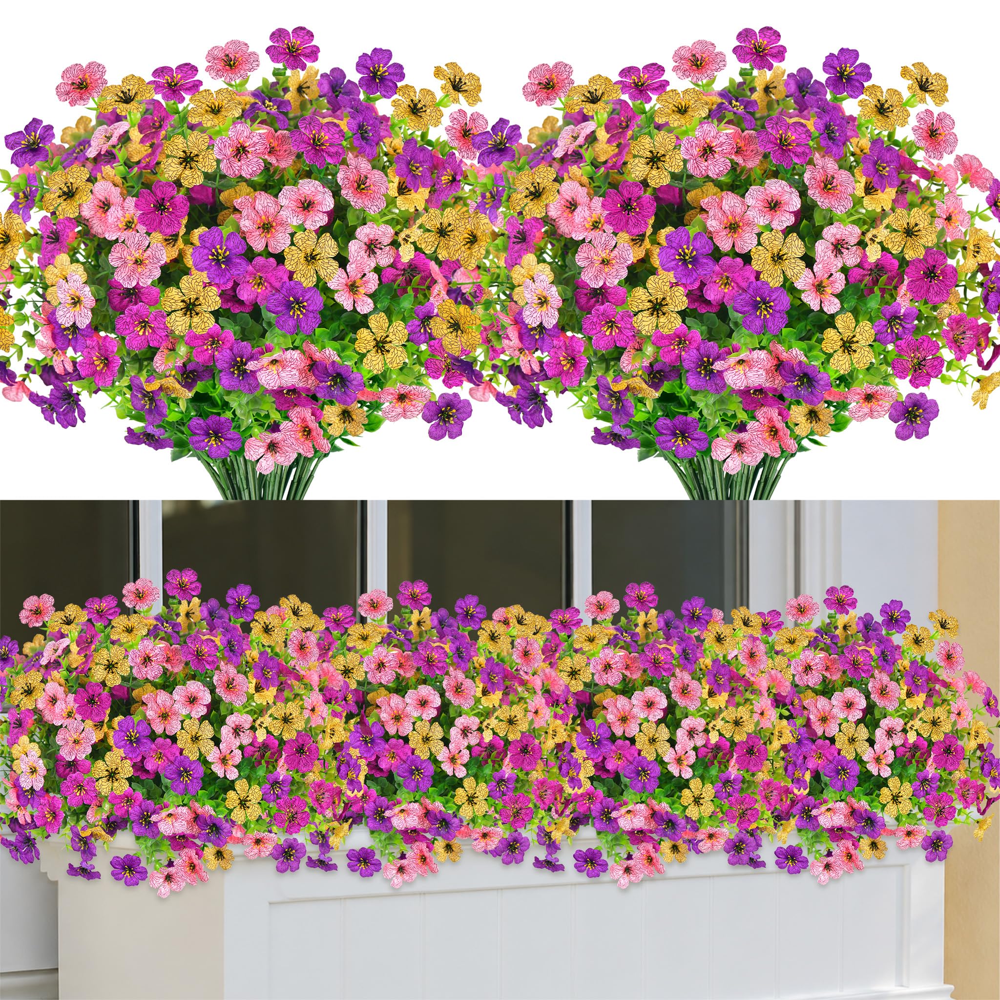 Kunstblumen wie Echt 12 Bündel Künstliche Balkonpflanzen Kunstpflanzen Außenbereich Kunstblumen Pflanzen Outdoor Wetterfest Seidenblumen Blumenstrauß Balkonkasten Garten Draußen Deko (Puple Gelb)