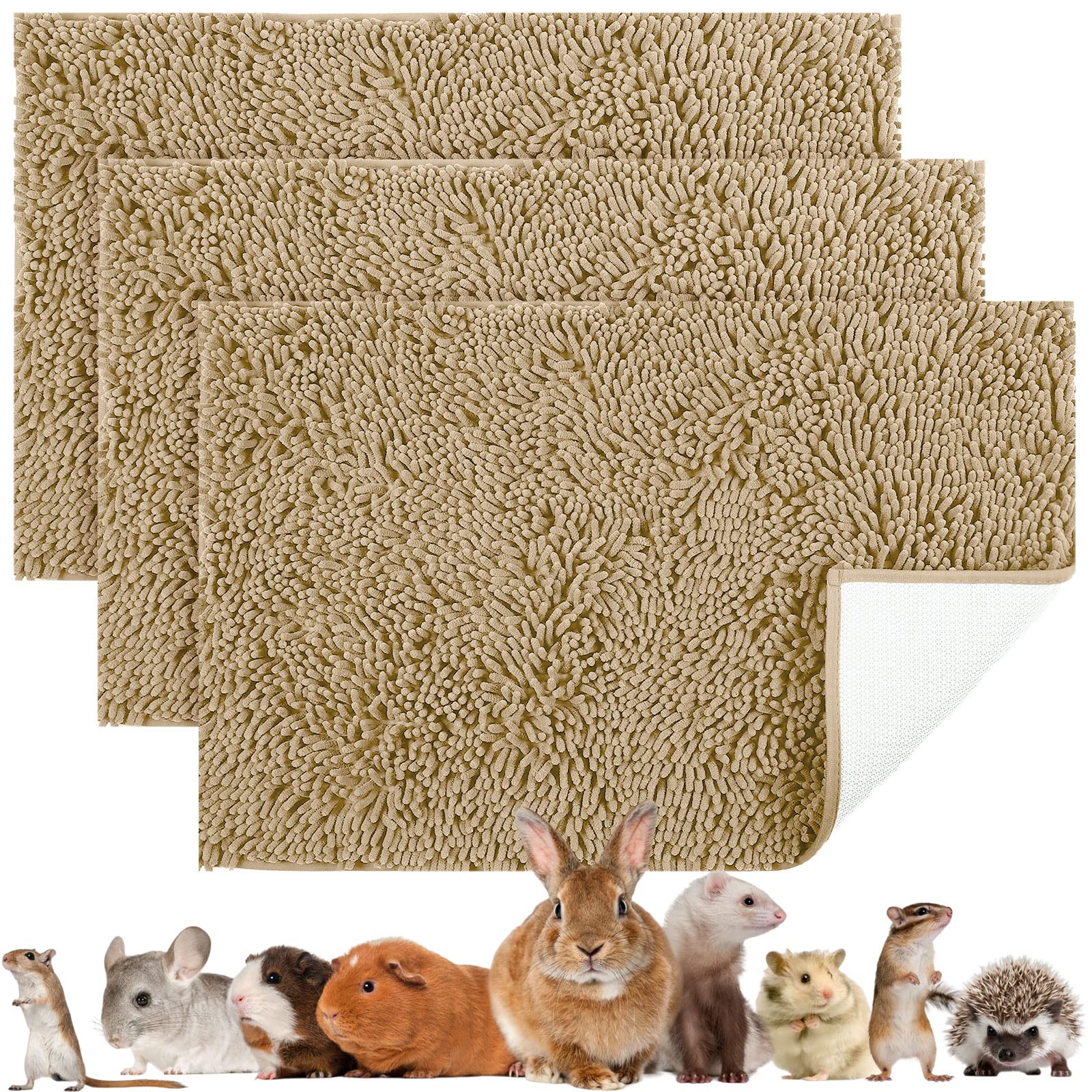 Chumia 3 Packs Guinea Pig Cage Liners Bedding Bulk, Chicken Nesting Pads Reusable Fleece Blanket for Rabbit Small Animals Cage Absorbent Pee Pad Supplies Bed Mat (Beige,16 x 24 Inch)