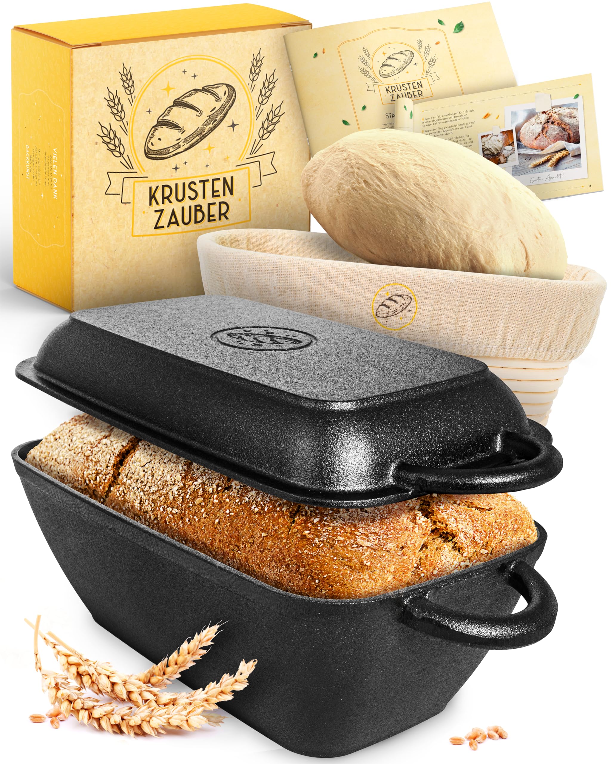 KRUSTENZAUBER Cocotte en fonte avec couvercle - Passe au four [avec panier de fermentation] - 28 cm de long en fonte - Idéal comme moule de four, casserole à induction