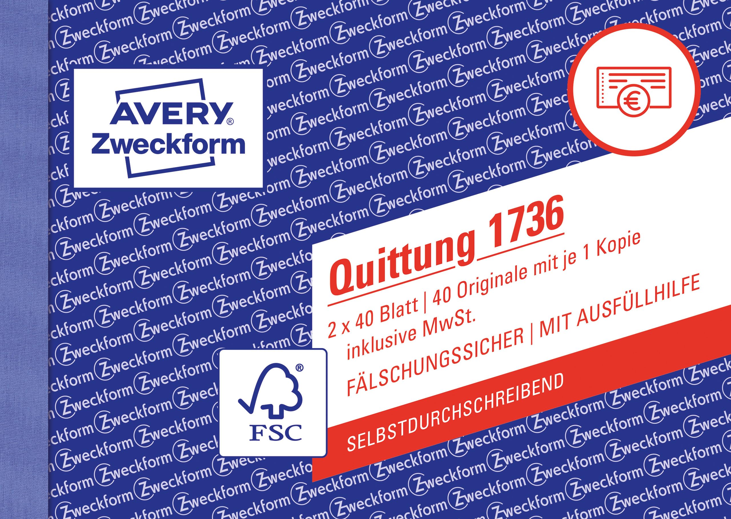 AVERY Zweckform 1736-10 Quittungsblock (A6 quer, 2x40 Blatt, mit Durchschlag, fälschungssicher, inkl. MwSt., für Deutschland und Österreich) 10er-Pack, weiß/gelb