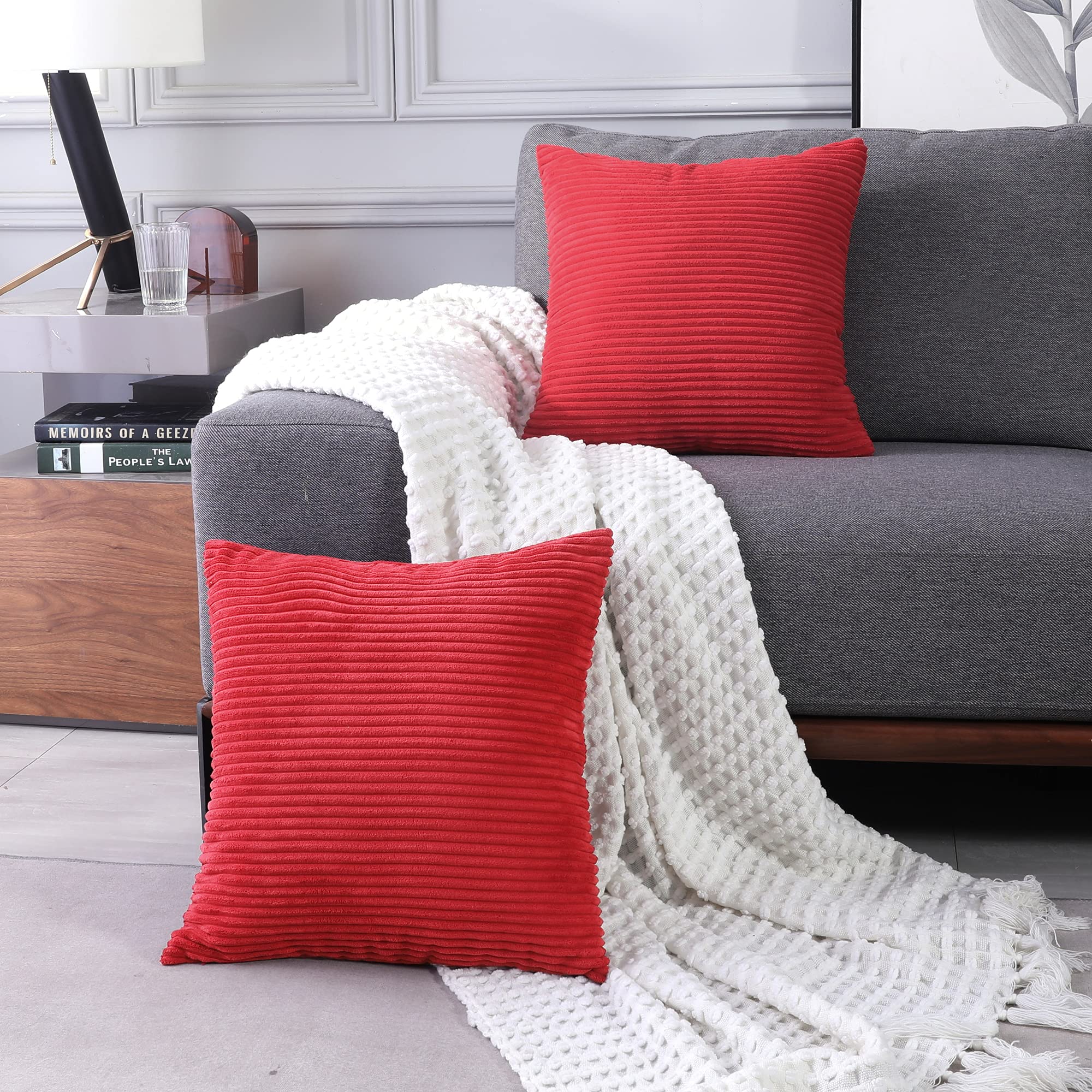 Deconovo Set of 2 Throw Pillow Cases Super Soft Corduroy Cushion Covers for Christmas with Zipper, Red 16"x16" inch, 2 Pieces