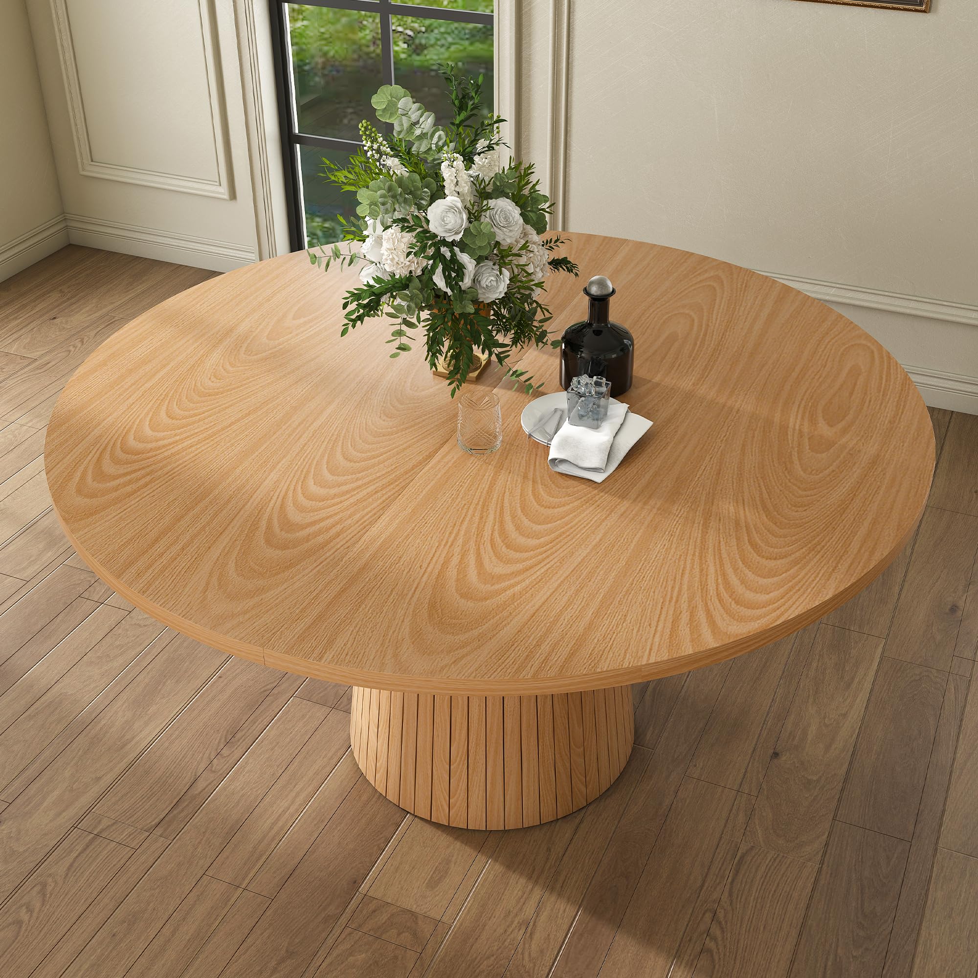 Tavolo da cucina rotondo, 110 cm, stile rustico, piano in MDF con impiallacciatura in rovere a due semicerchi, base cilindrica con telaio interno in metallo, per cucina e sala da pranzo
