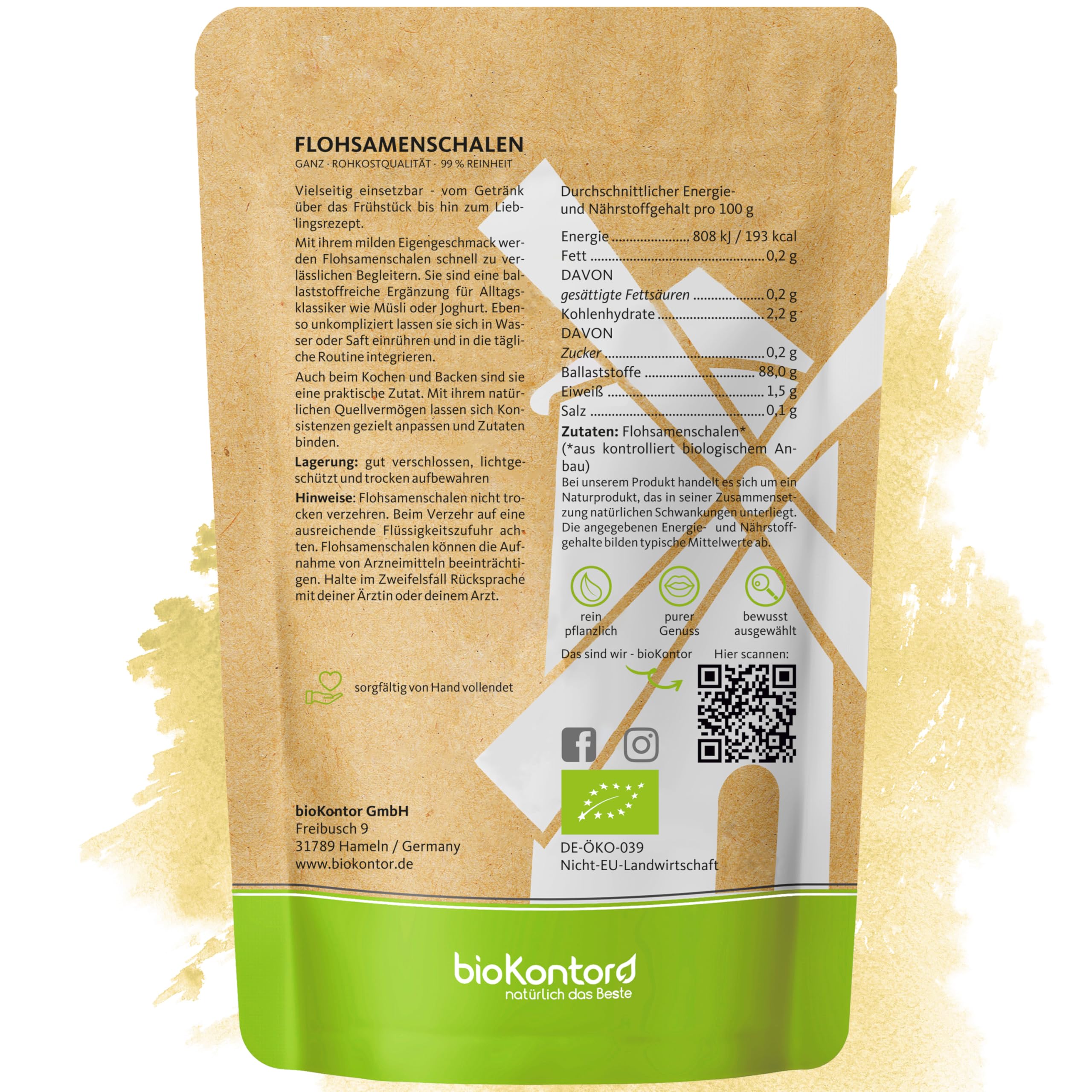 bioKontor – Bio Flohsamenschalen ganz 1000g 1kg – Psyllium Husk 99% Reinheit – indische Flohsamen Schalen – Low Carb Backen Getränke – Rohkostqualität – reich an Balaststoffen – deutsche Handabfüllung