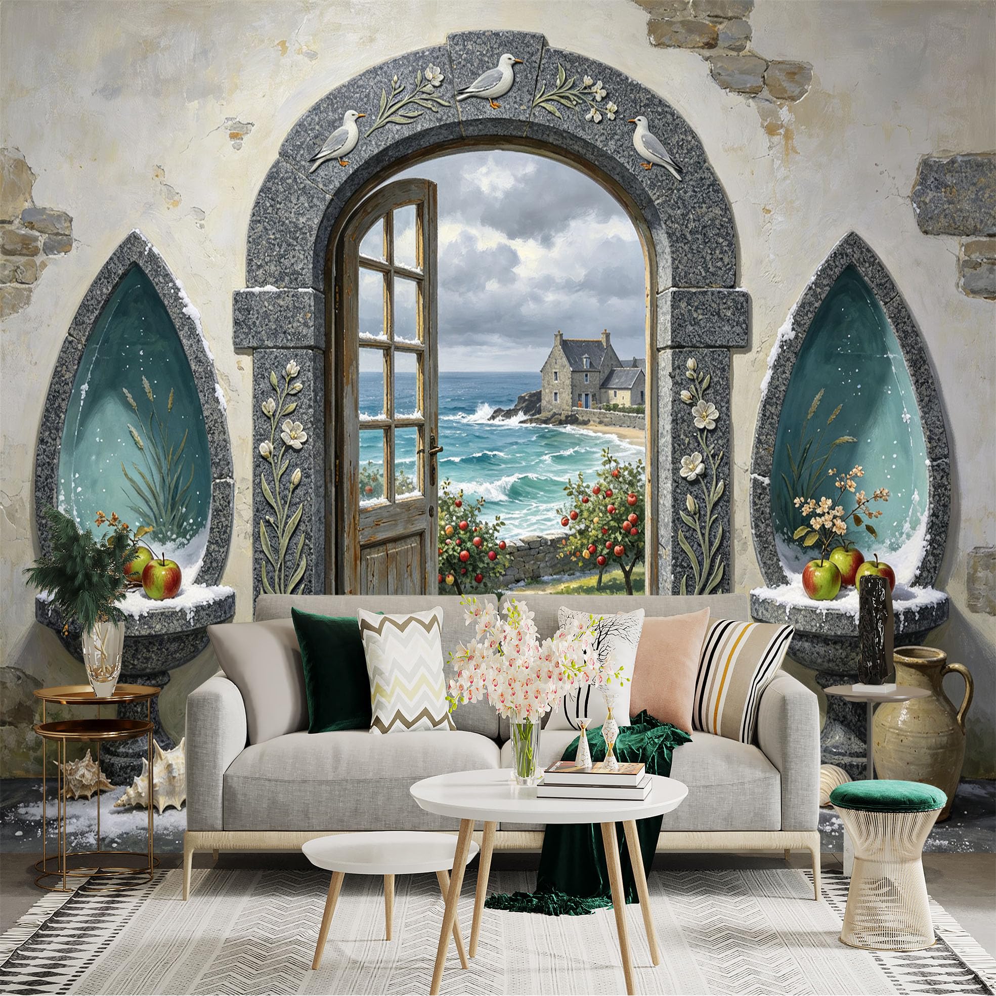 Custom Size Wall Sticker Mural， Coastal Cottage Ocean View Stone Archway Seaside Garden， for wall Decoration， peelandstick wall Decals.