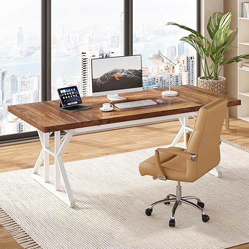 Miniatura 2 de LITTLE TREE 70.8-Inch Large Executive Desk, Modern Computer Office Desk, Wooden Writing Desk Study Table for Home Office Marrón- blanco,Roble