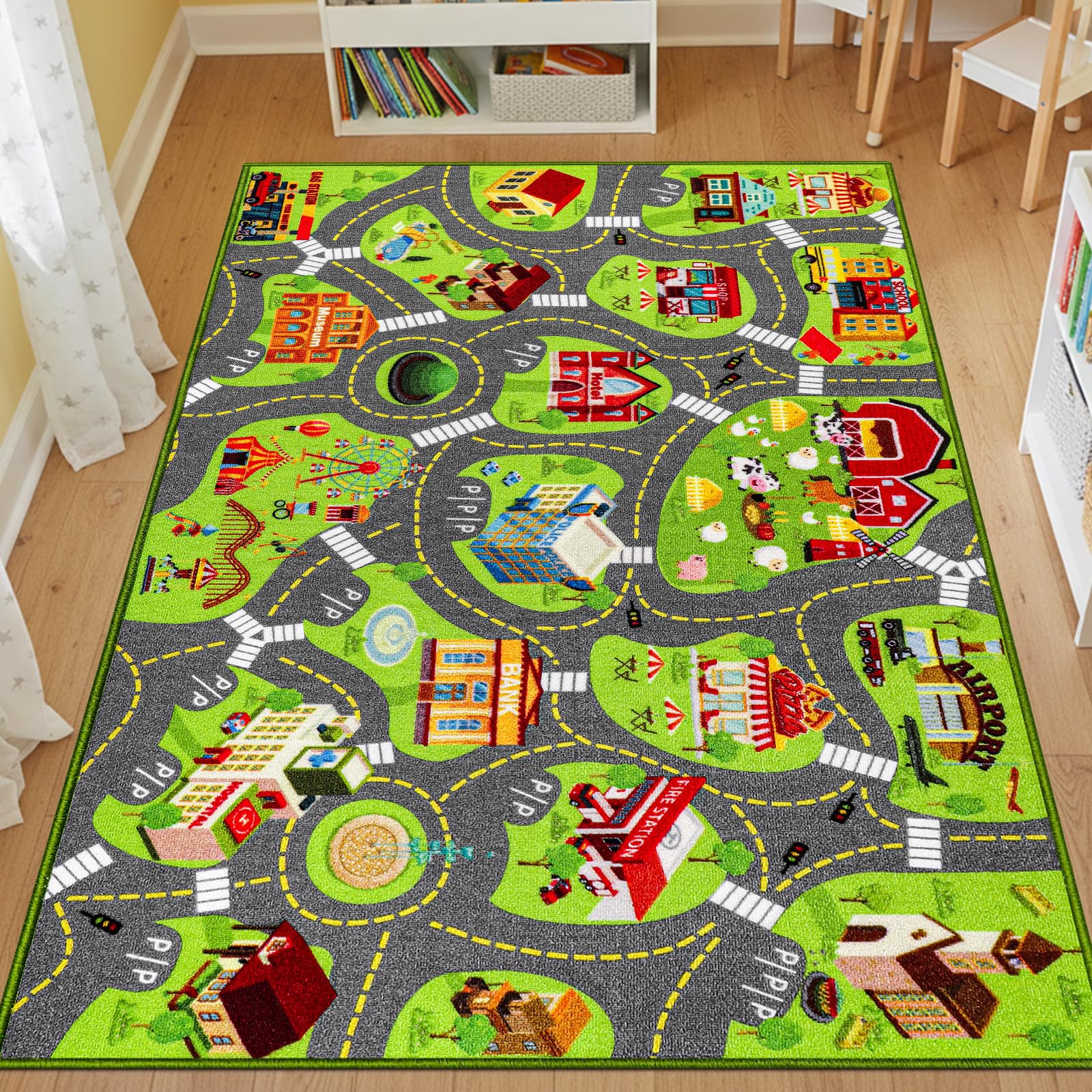 Spielteppich Kinder – Autoteppich mit Straßenmotiv, rutschfeste Spielmatte für Autos & Lastwagen, Kinderteppich für Spielzimmer, Schlafzimmer, Straßenteppich für Jun (Straßenszene, 200X120 CM)