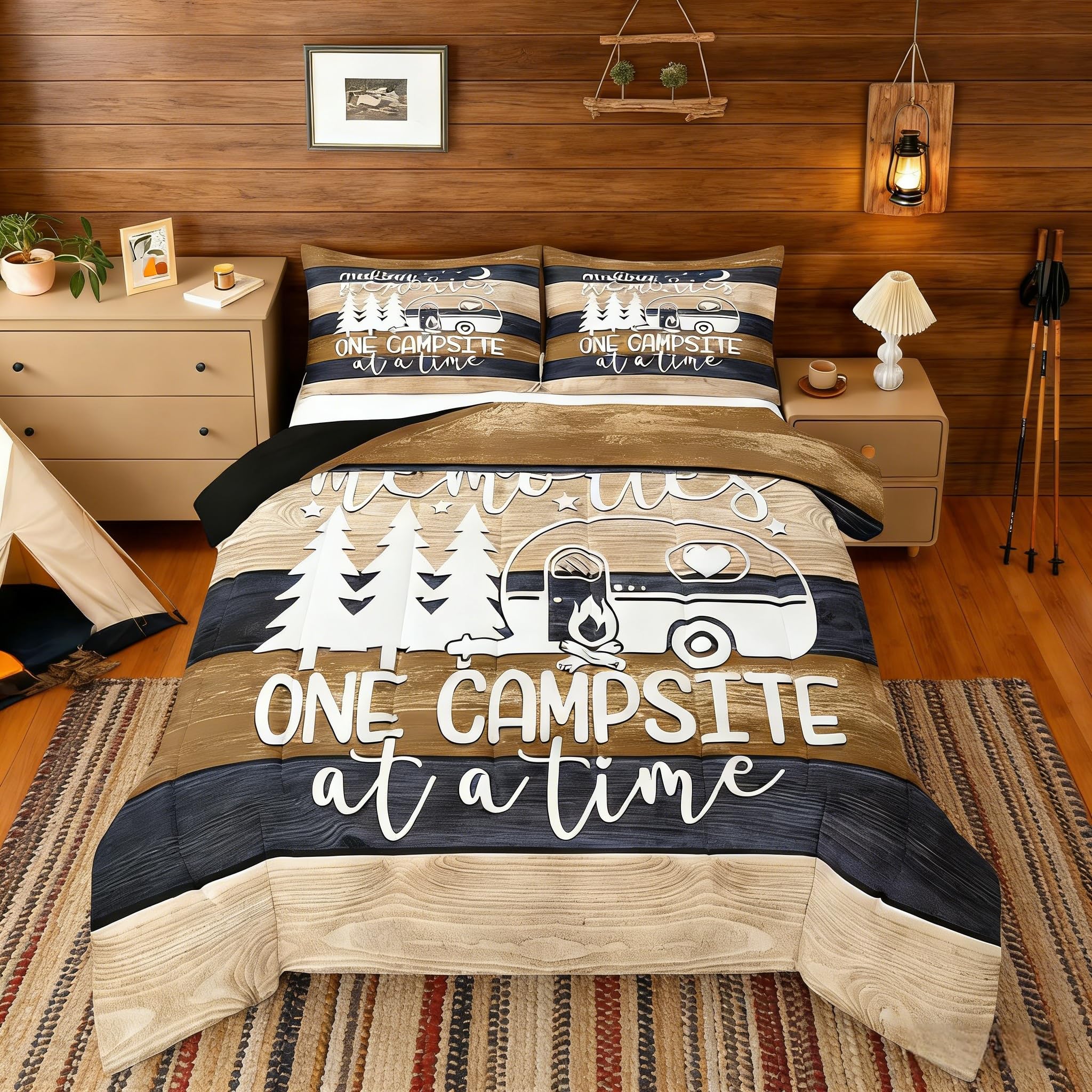 Kids Camper Comforter Set King, Happy Camping Bedding Rv Decorations For Inside Camper Quilt, Teens Rustic Farmhouse Bedding Comforter Sets For Travel