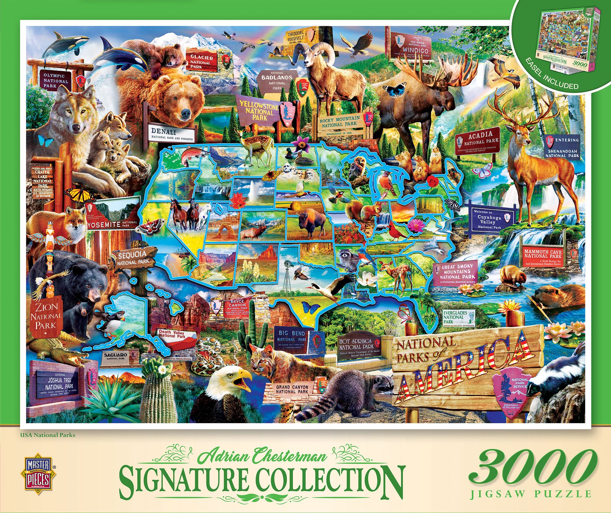 MasterPieces 3000 Piece Puzzle – USA National Parks Educational Jigsaw for Adults, Family, and Youth – Vibrant Large Puzzle Featuring Bold Colors, Scenic Landmarks - Fun Learning Experience 32" x 45"