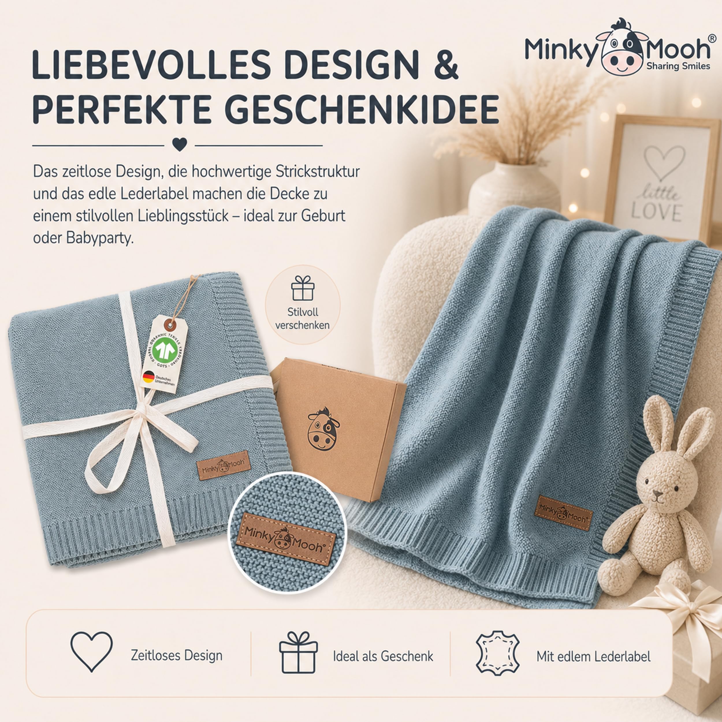 Babydecke aus 100% Bio Baumwolle (Öko-Tex 100) Gr. 94x72cm blau - Baby & Kuscheldecke Geschenk für Neugeborene zur Geburt Erstausstattung - Pucktuch & Baumwolldecke Mädchen & Jungen