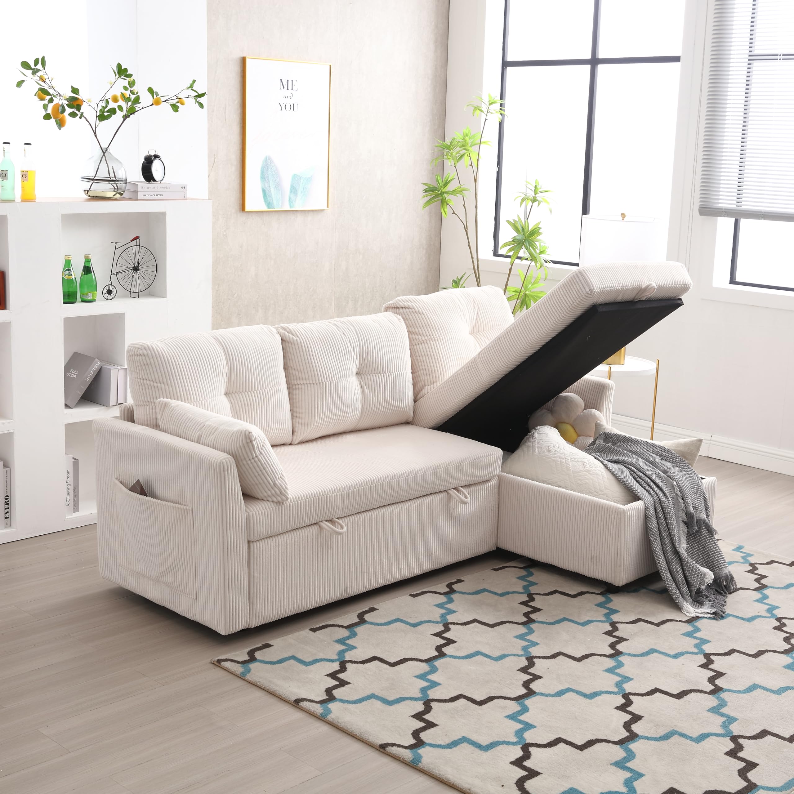 Sapgaks Canapé sectionnel modulable en L, canapé d'angle modulable pour Salon avec méridienne Interchangeable, Tissu Velours, canapé lit Multifonction avec Rangement et lit gigogne, Beige