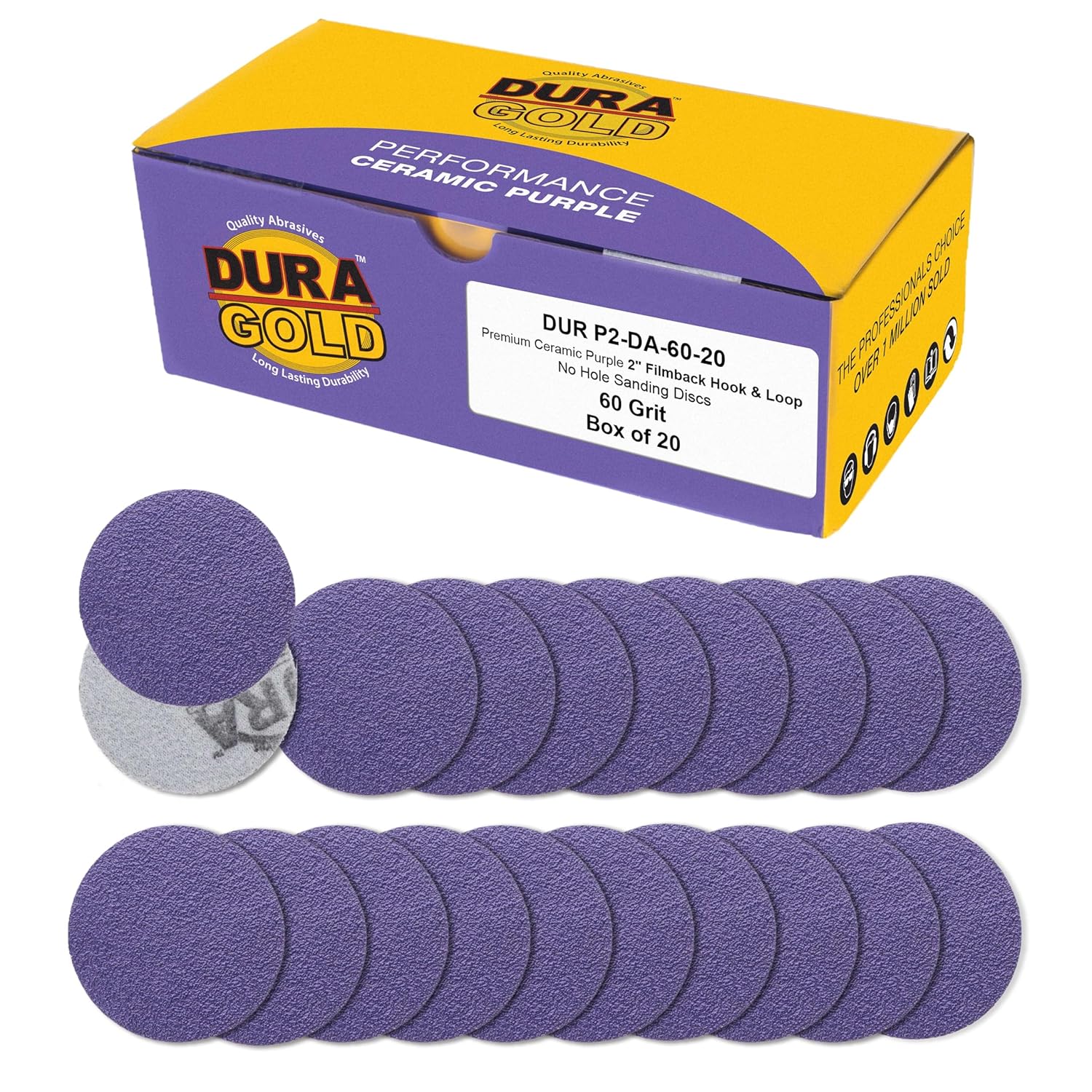 Dura-Gold Premium 2" Purple Film Ceramic Sanding Discs, 36 Disc Variety Pack, Grits 40, 60, 80, 120, 220, 320, 400, 600, 800, 1000, 1500, 2000 - Hook & Loop Sandpaper & Drill Backing Plate - Auto Wood