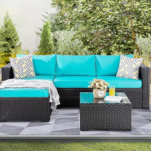 Miniatura 7 de Shintenchi Juego de muebles de patio de 3 piezas, juego de conversación de patio seccional de mimbre negro para exteriores, sofá de patio de ratán