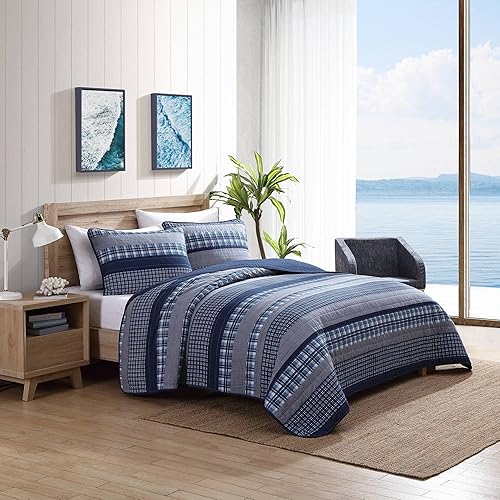 Miniatura 2 de Nautica - Juego de edredón tamaño Queen, ropa de cama de algodón suave y transpirable con sensación ligera, juego de cama reversible de 3 piezas con