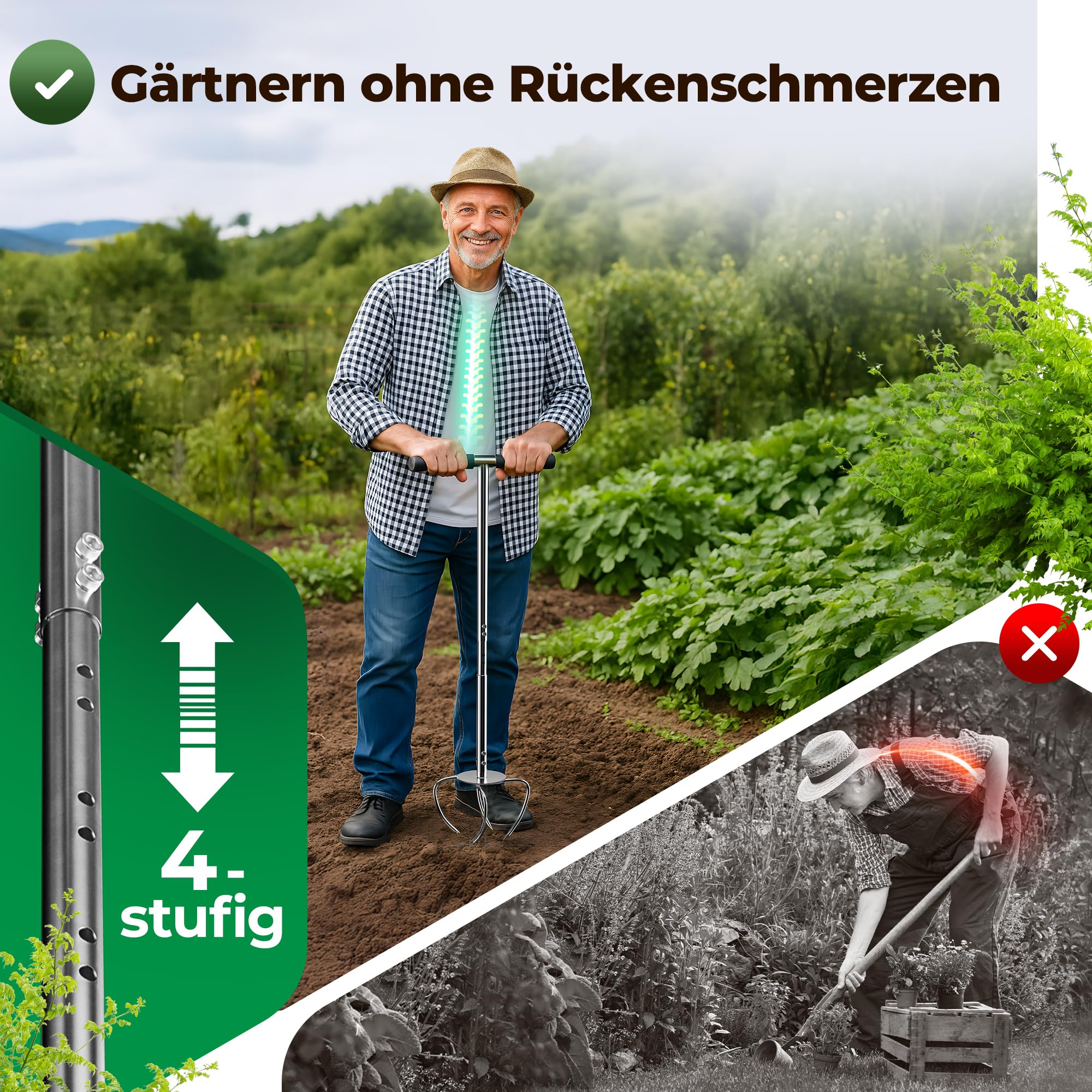 Garra de jardín con mango ajustable en altura y ergonómico | Extractor de malezas de acero inoxidable para jardinería | GT Kralle