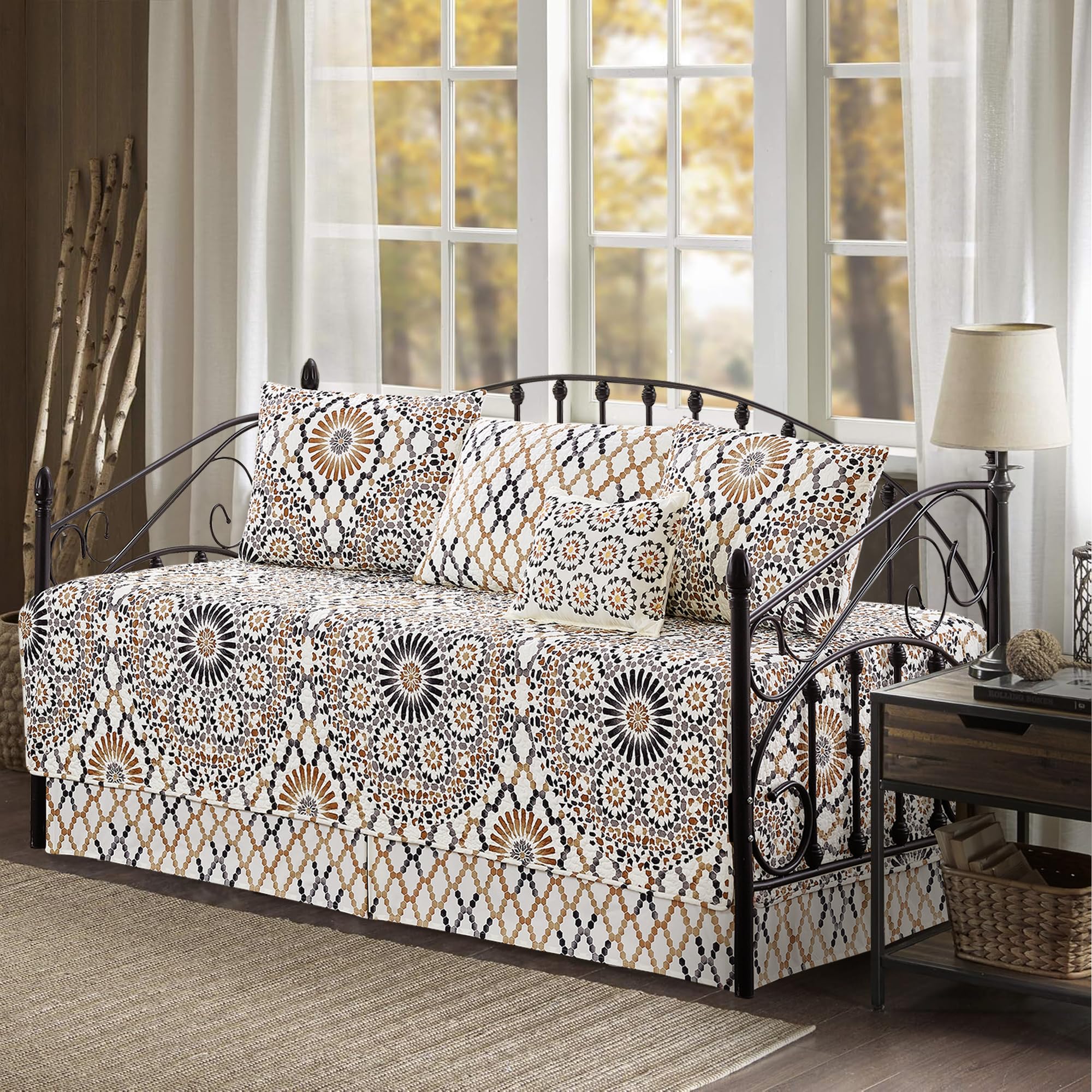 6 Piece Reversible Microfiber Sunrise Printed Daybed Cover Set, All Season Luxury Bedding with Bedskirt, Matching Shams, Decorative Pillow, 75"x39", Caramel Gray