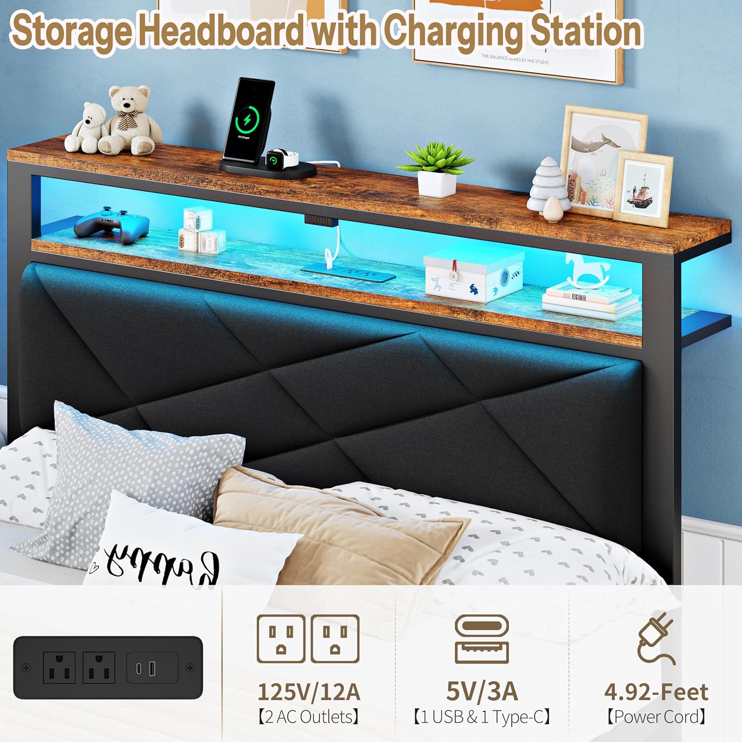 ChicZhiNest Queen Size Bed Frame with 2 Tier Upholstered Storage Headboard and Under Bed Storage,Platform Bedframe with LED Lights and Charging Station, No Box Spring Needed,Easy Assembly,Black
