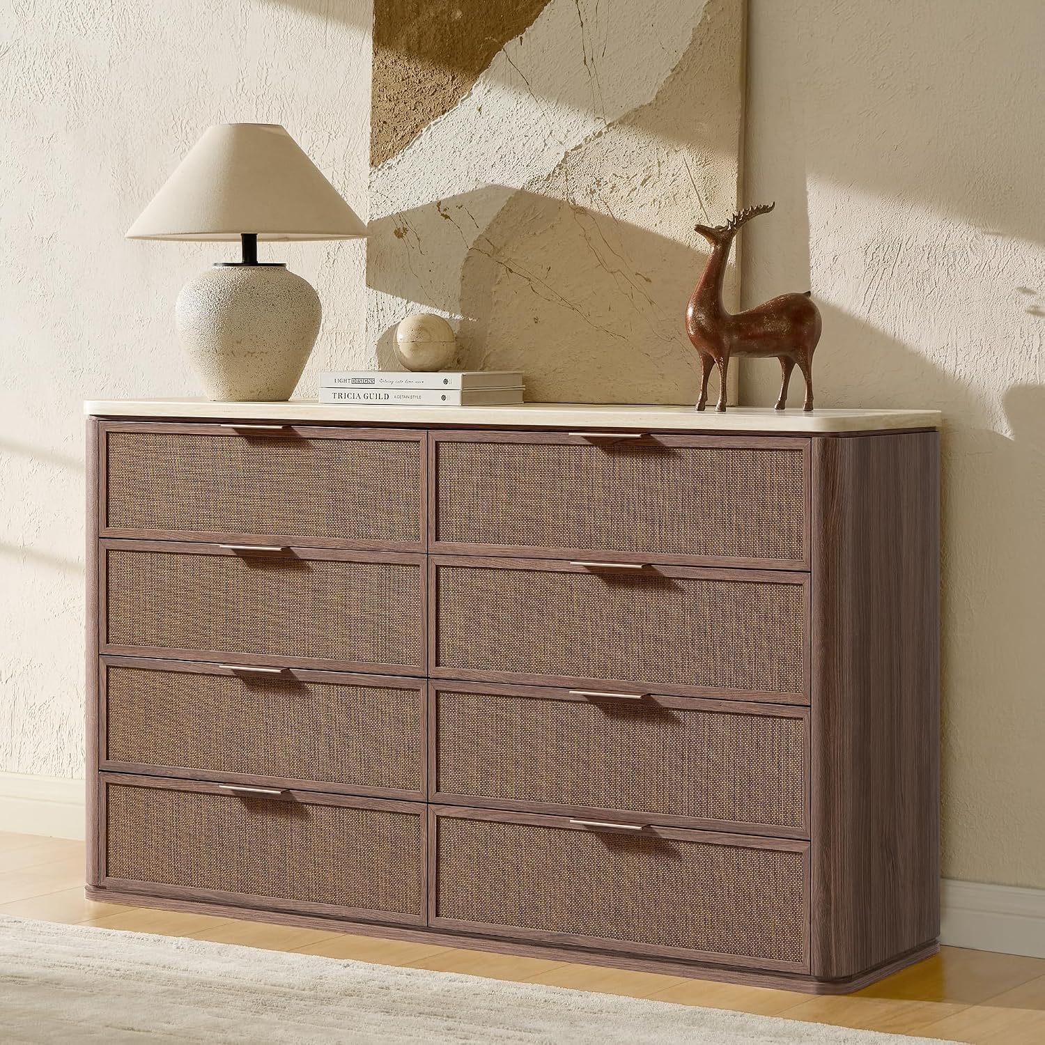 Rattan 8 Drawer Dresser for Bedroom, 54.5" Wide Modern Chest of Drawers with Faux Travertine Top, Solid Wooden Dresser TV Stand for Living Room, Nursery, Hallway, Dark Oak