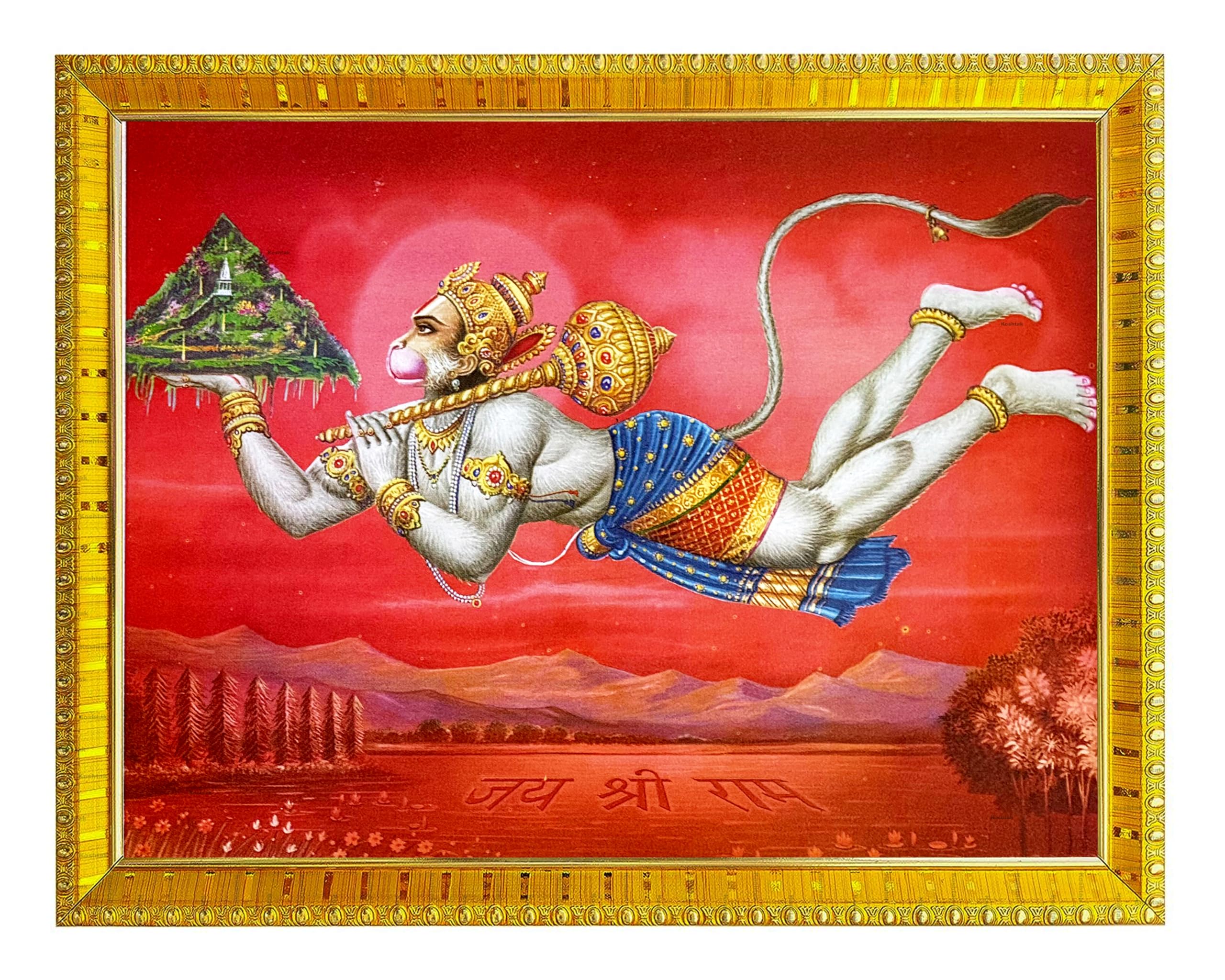 Koshtak Hanuman With Dronagiri Mountain Flying Religious Photo Frame With Glossy Lamination On Poster With Golden Frame For Puja Room/Temple/Wall Hanging/Gift/Home Decor/Worship Size 30cm x 23 cm…..-image-45