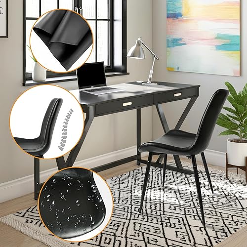 Miniatura 6 de CangLong Juego de 4 sillas de comedor, sillas de cocina de piel sintética negra, modernas sillas laterales tapizadas, sillas decorativas sin brazos